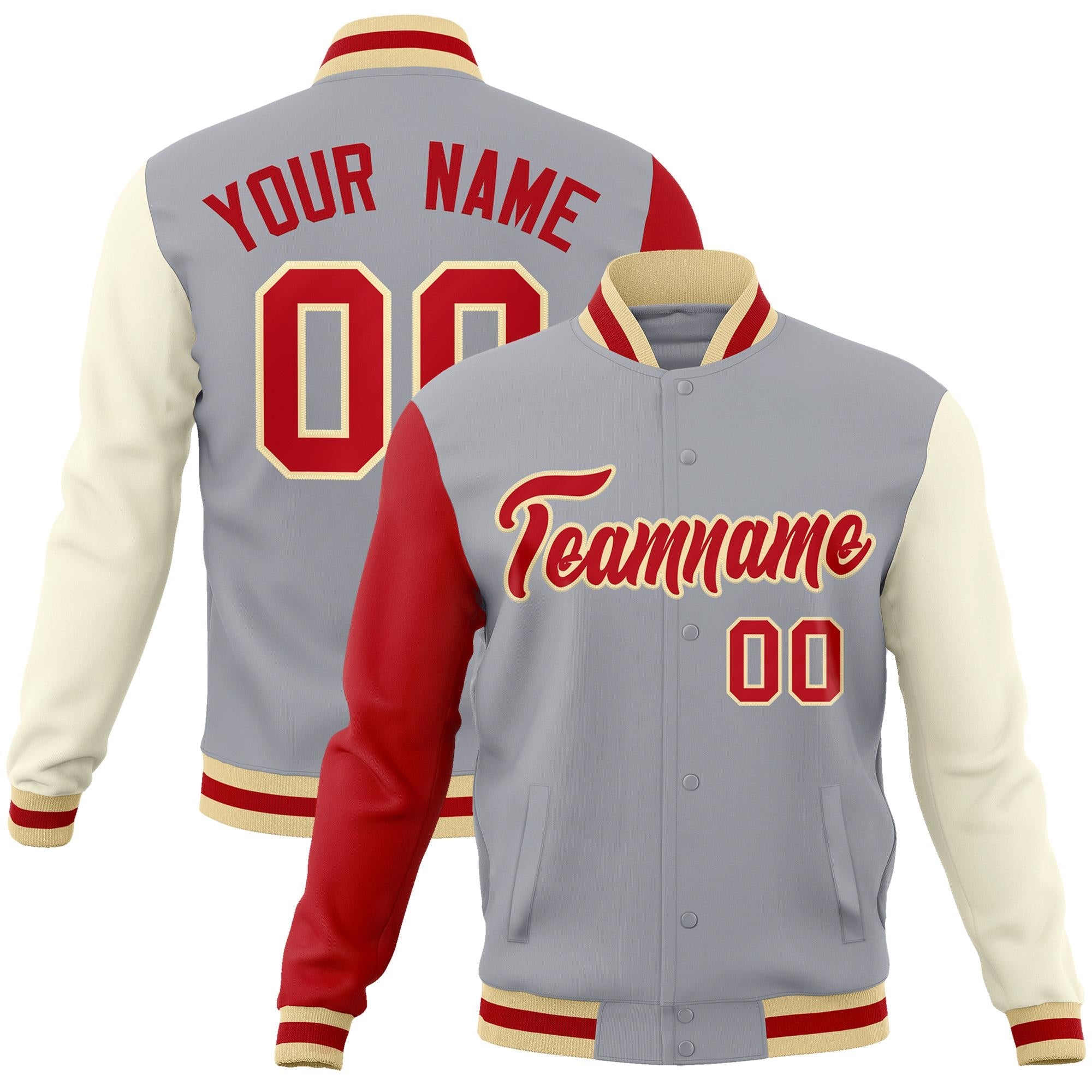 Custom Gray Red-Khaki Raglan Sleeves Varsity Full-Snap Letterman Jacket