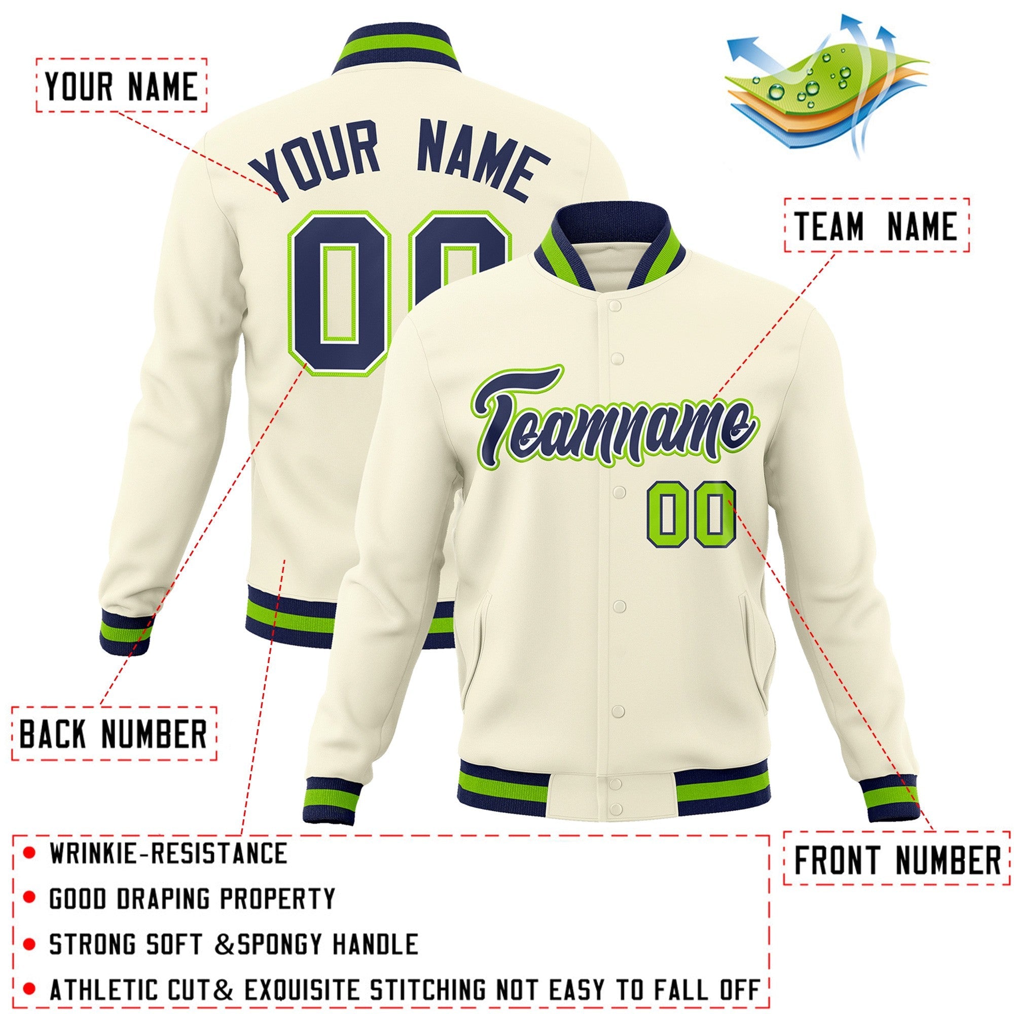 Custom Khaki Navy-White Classic Style Varsity Full-Snap Letterman Jacket