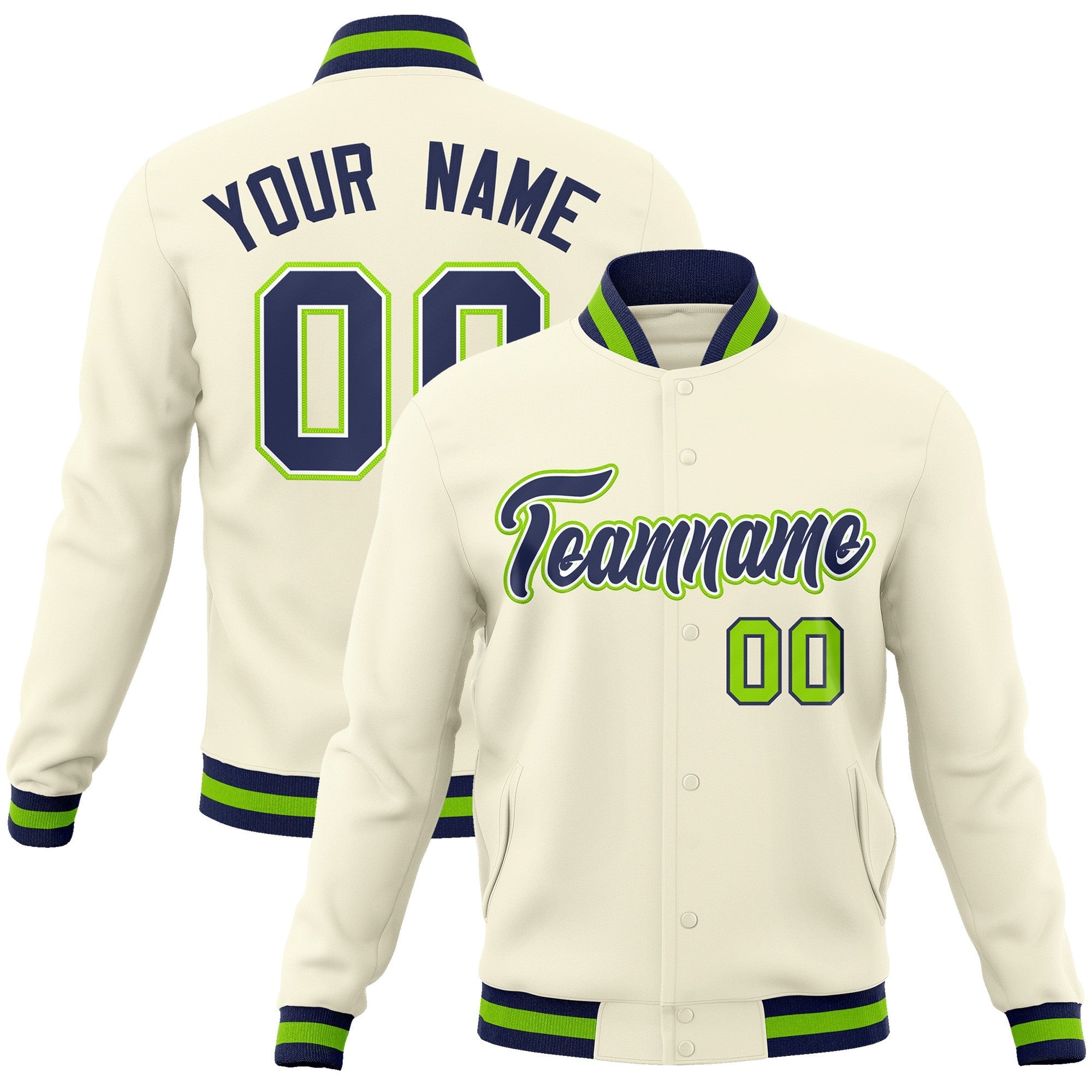 Custom Khaki Navy-White Classic Style Varsity Full-Snap Letterman Jacket