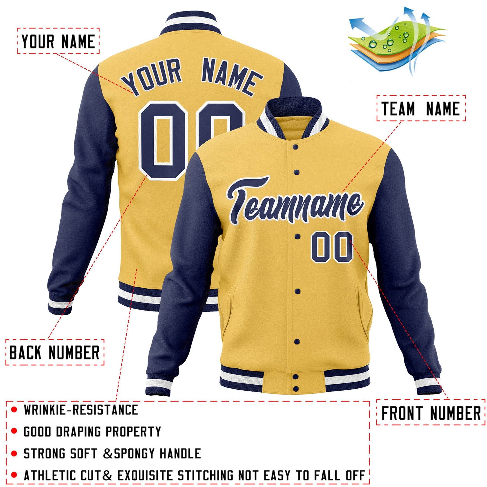 Custom Cream Navy-White Raglan Sleeves Varsity Full-Snap Letterman Jacket