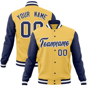 Custom Cream Navy-White Raglan Sleeves Varsity Full-Snap Letterman Jacket