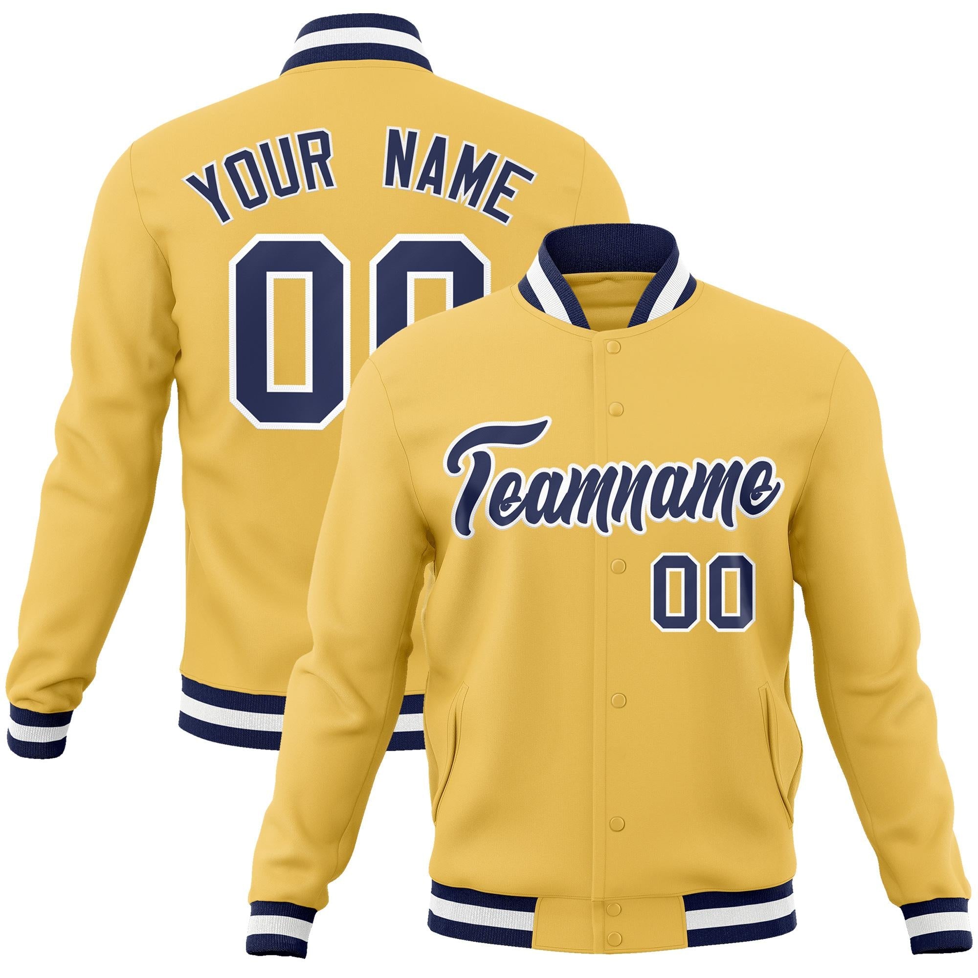 Custom Gold Navy-White Classic Style Varsity Full-Snap Letterman Jacket