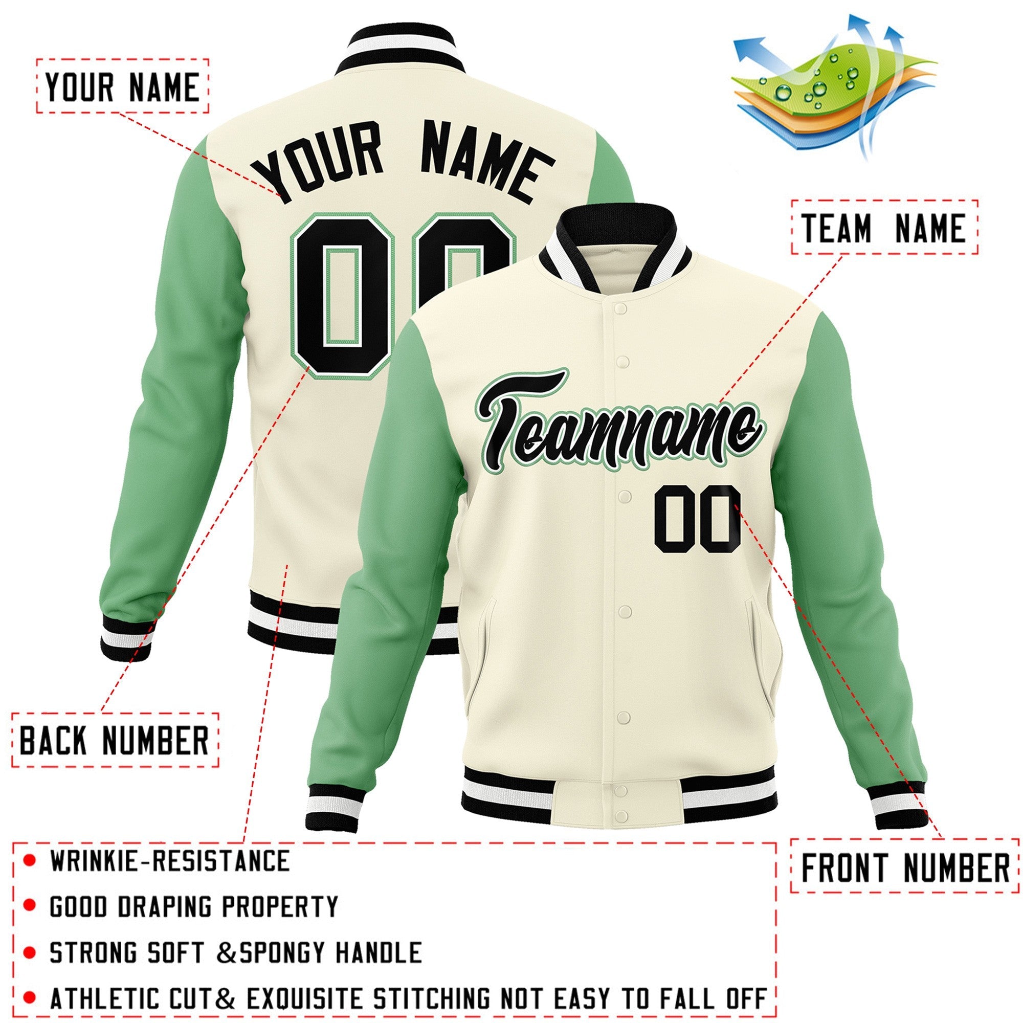 Veste Letterman Varsity Full-Snap à manches raglan kaki noir-blanc personnalisée