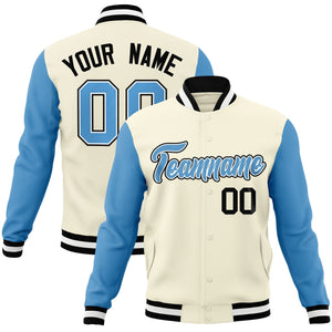 Custom Khaki Light Blue-White Raglan Sleeves Varsity Full-Snap Letterman Jacket