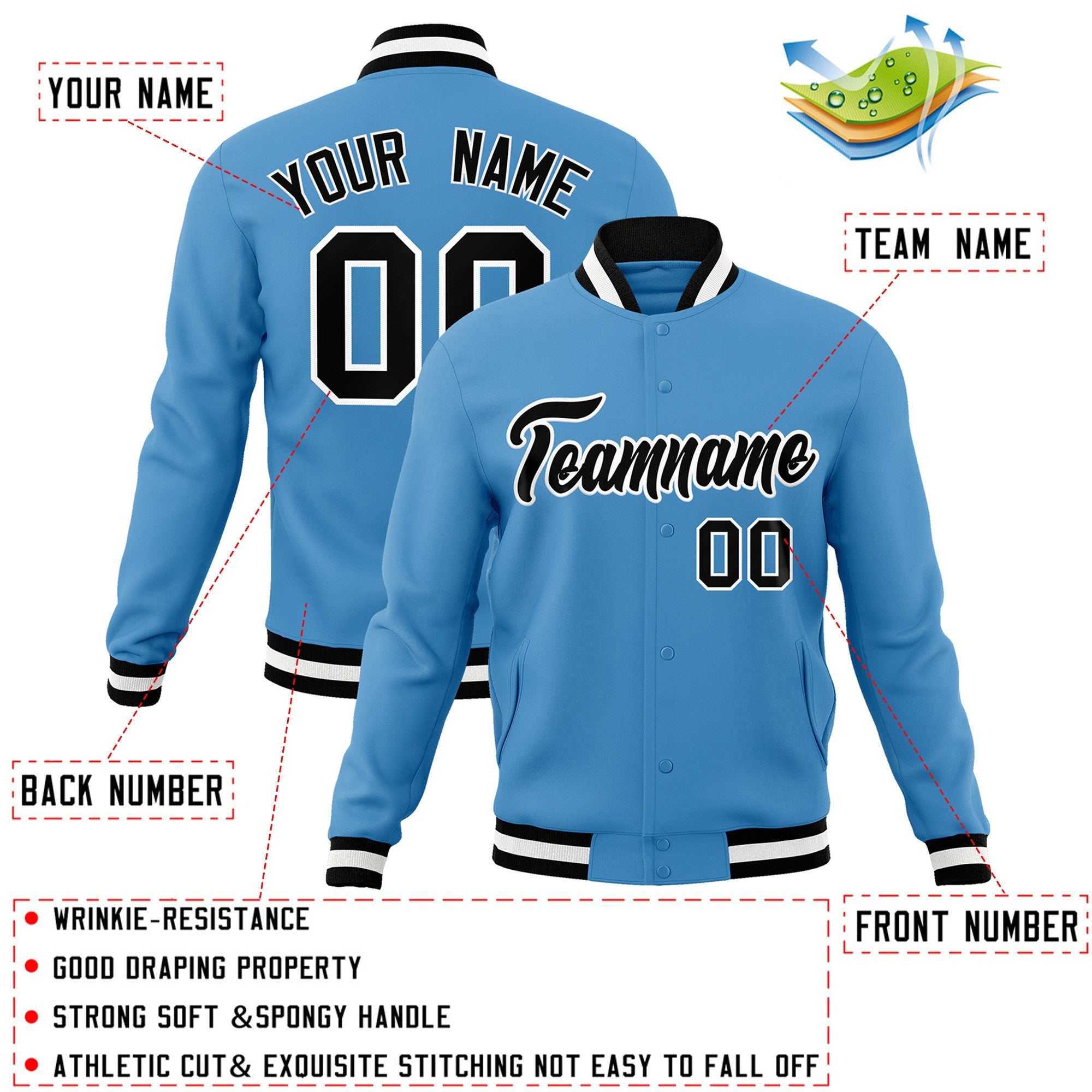 Custom Light Blue Black-White Classic Style Varsity Full-Snap Letterman Jacket