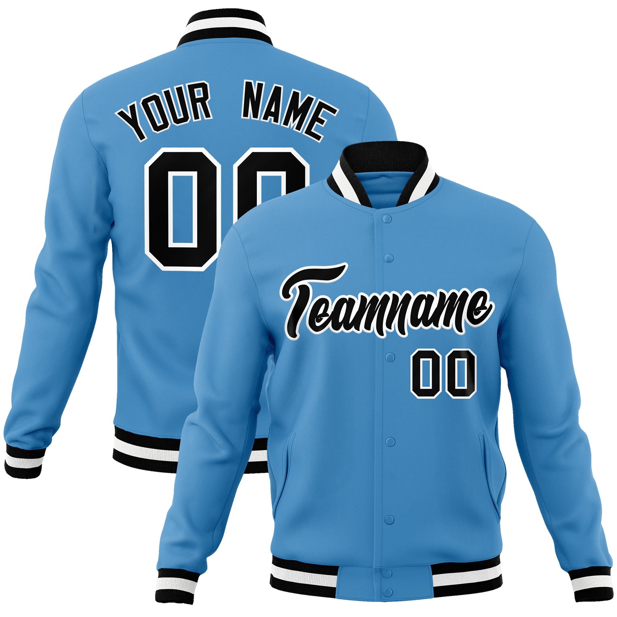 Custom Light Blue Black-White Classic Style Varsity Full-Snap Letterman Jacket