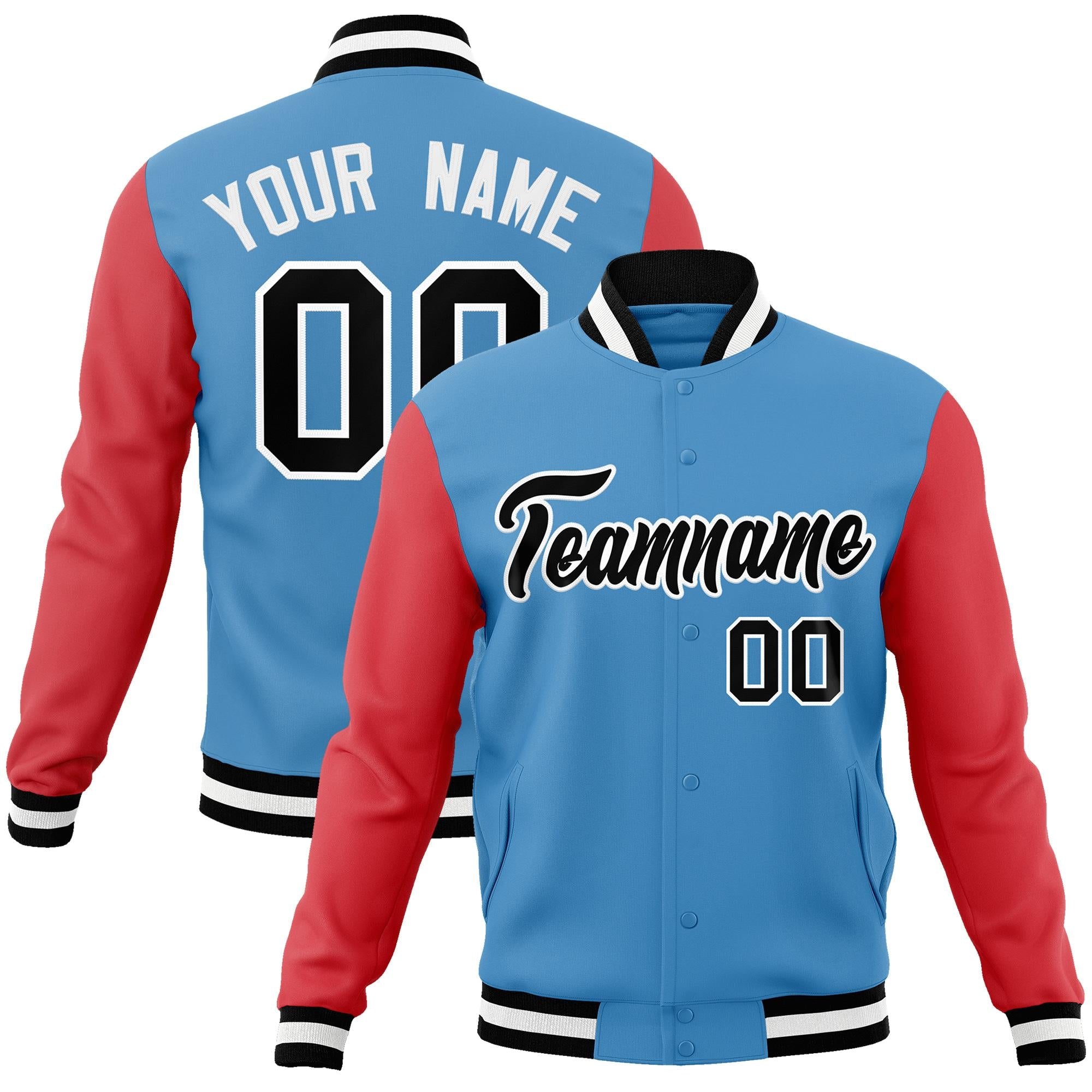 Custom Light Blue Black-White Raglan Sleeves Varsity Full-Snap Letterman Jacket