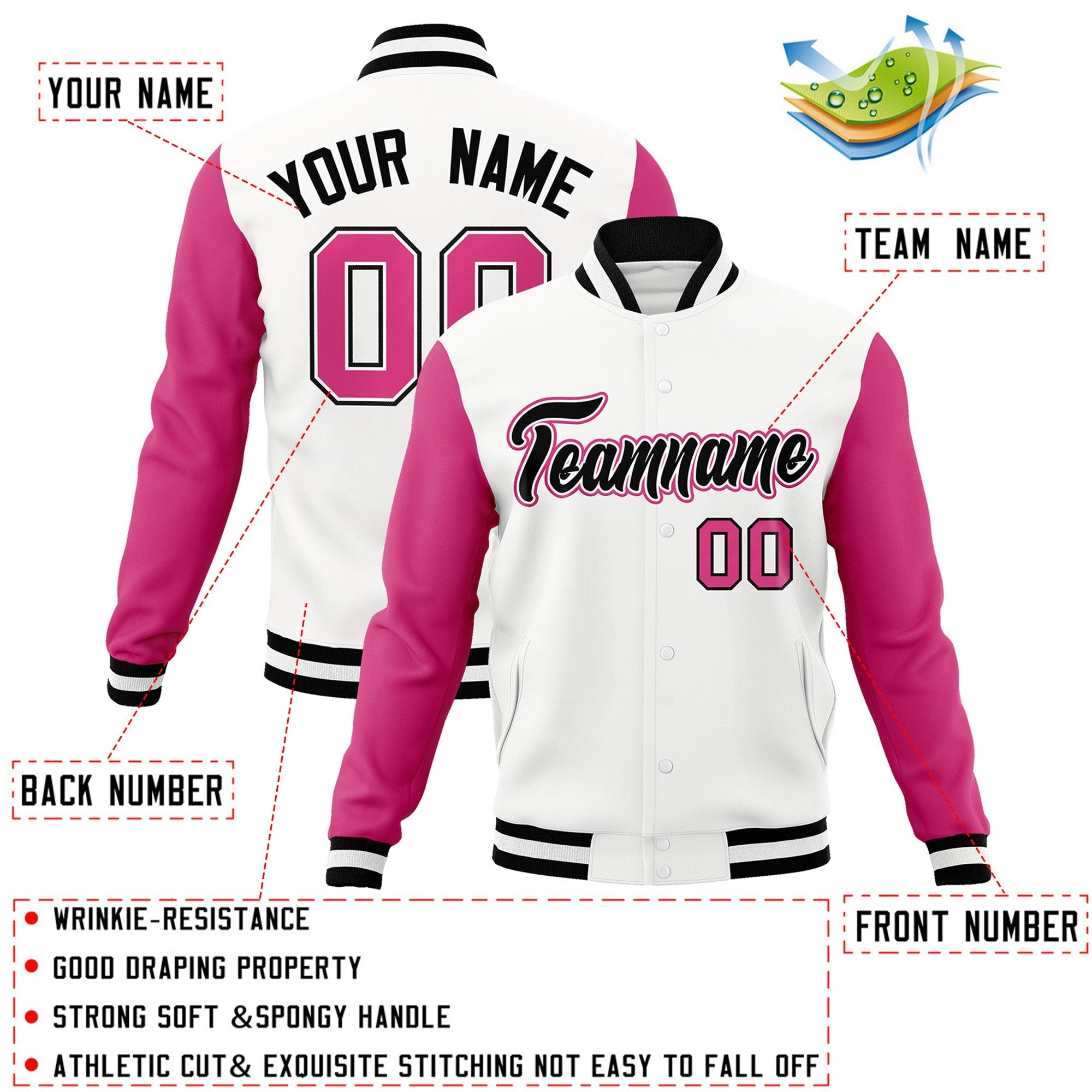 Custom White Black-White Raglan Sleeves Varsity Full-Snap Letterman Jacket