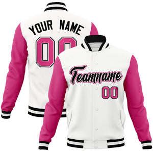 Custom White Black-White Raglan Sleeves Varsity Full-Snap Letterman Jacket