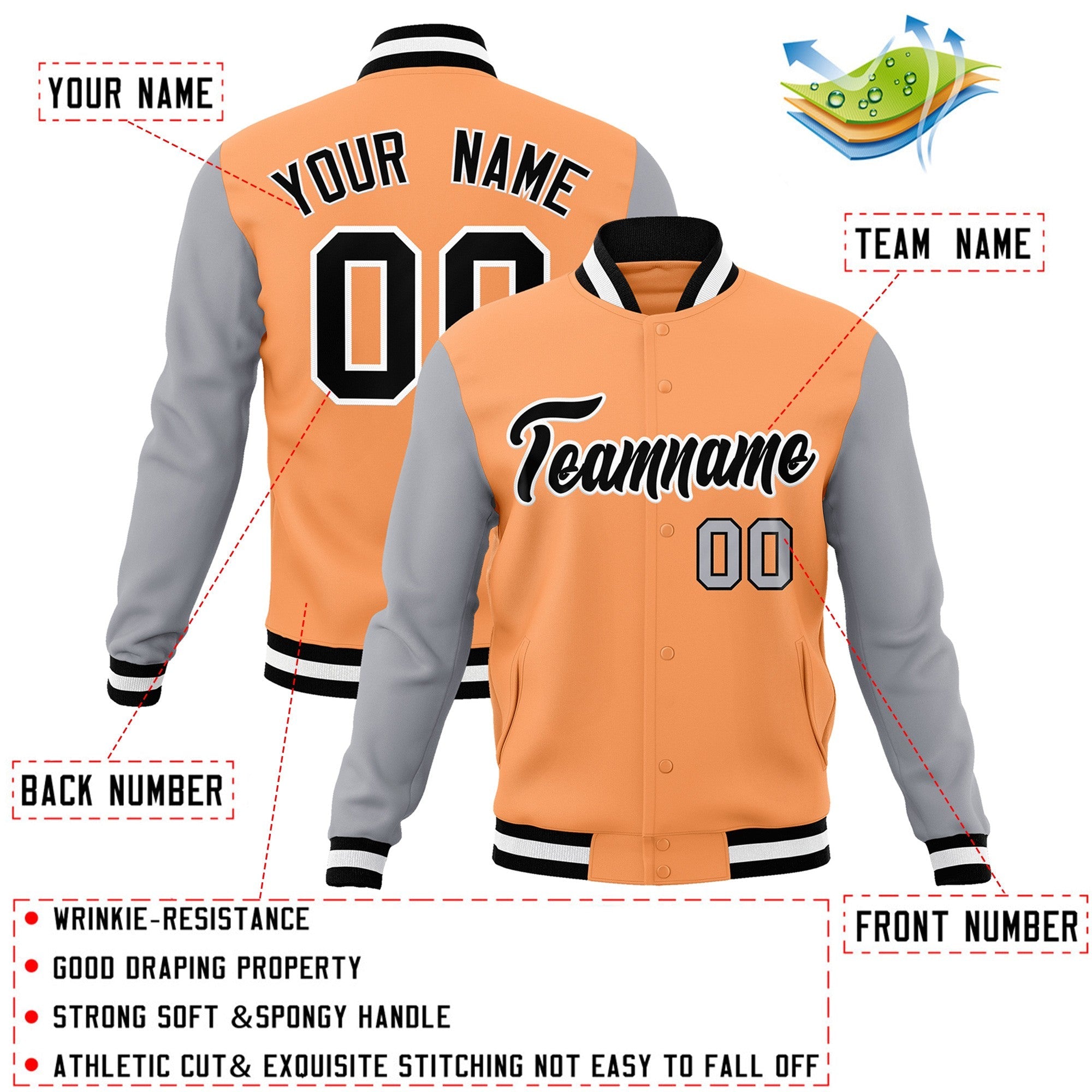 Veste Letterman Varsity Full-Snap à manches raglan orange noir-blanc personnalisée