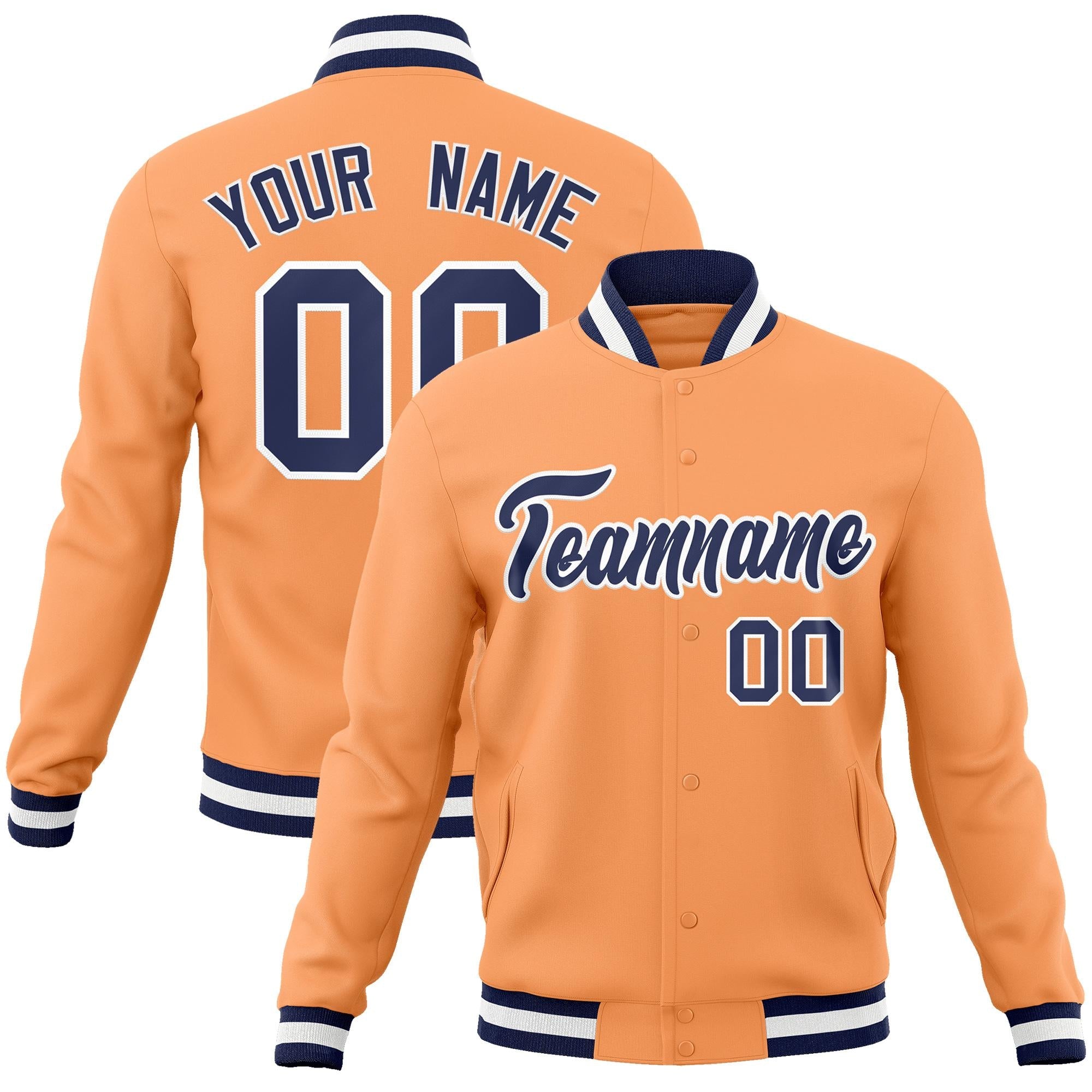 Custom Orange Navy-White Classic Style Varsity Full-Snap Letterman Jacket