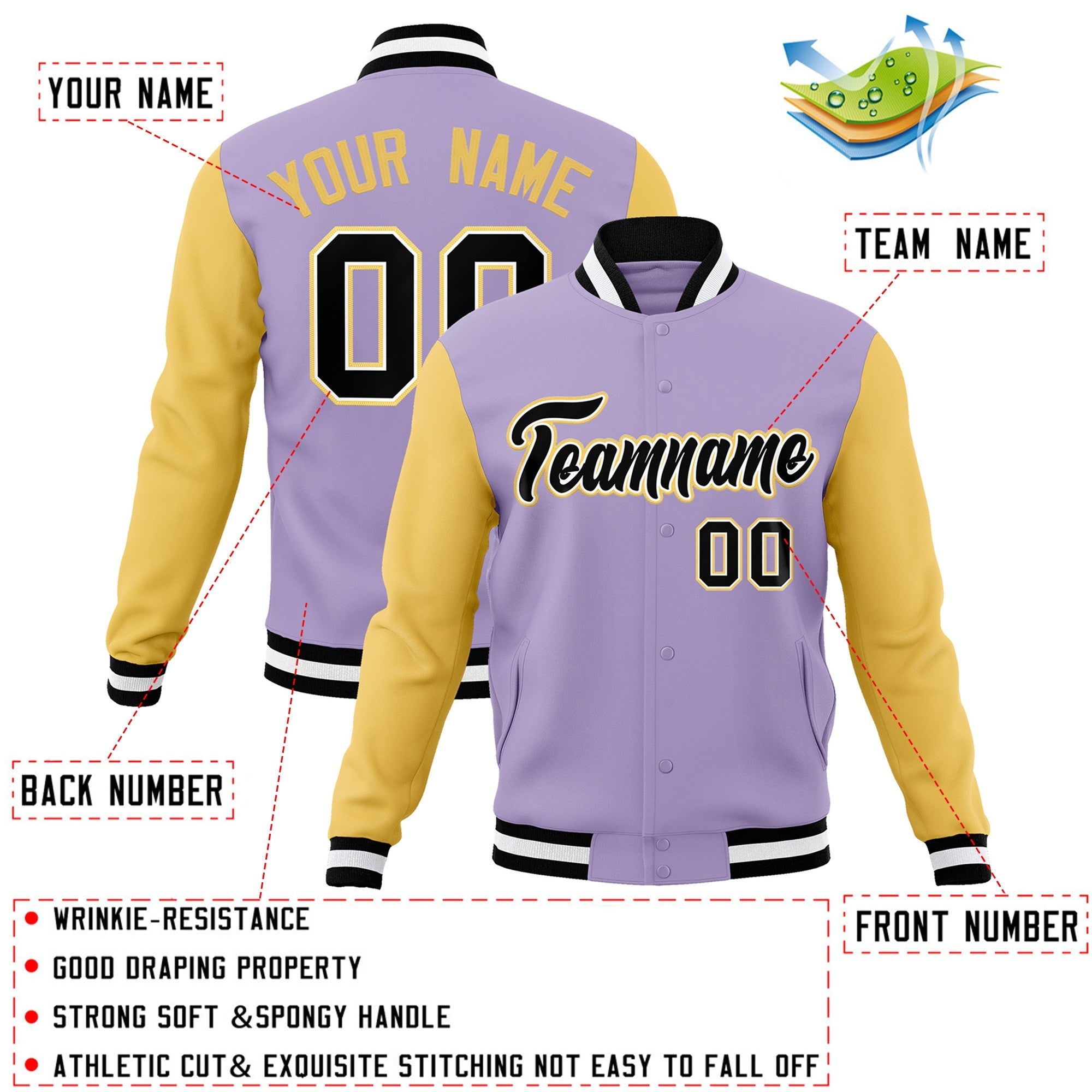 Veste Letterman Varsity Full-Snap à manches raglan personnalisées violet clair noir-blanc