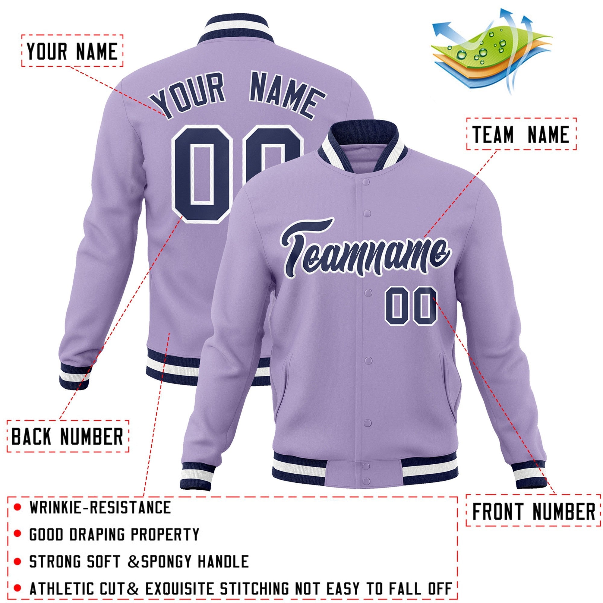 Veste Letterman à bouton-pression personnalisée de style classique violet clair marine-blanc