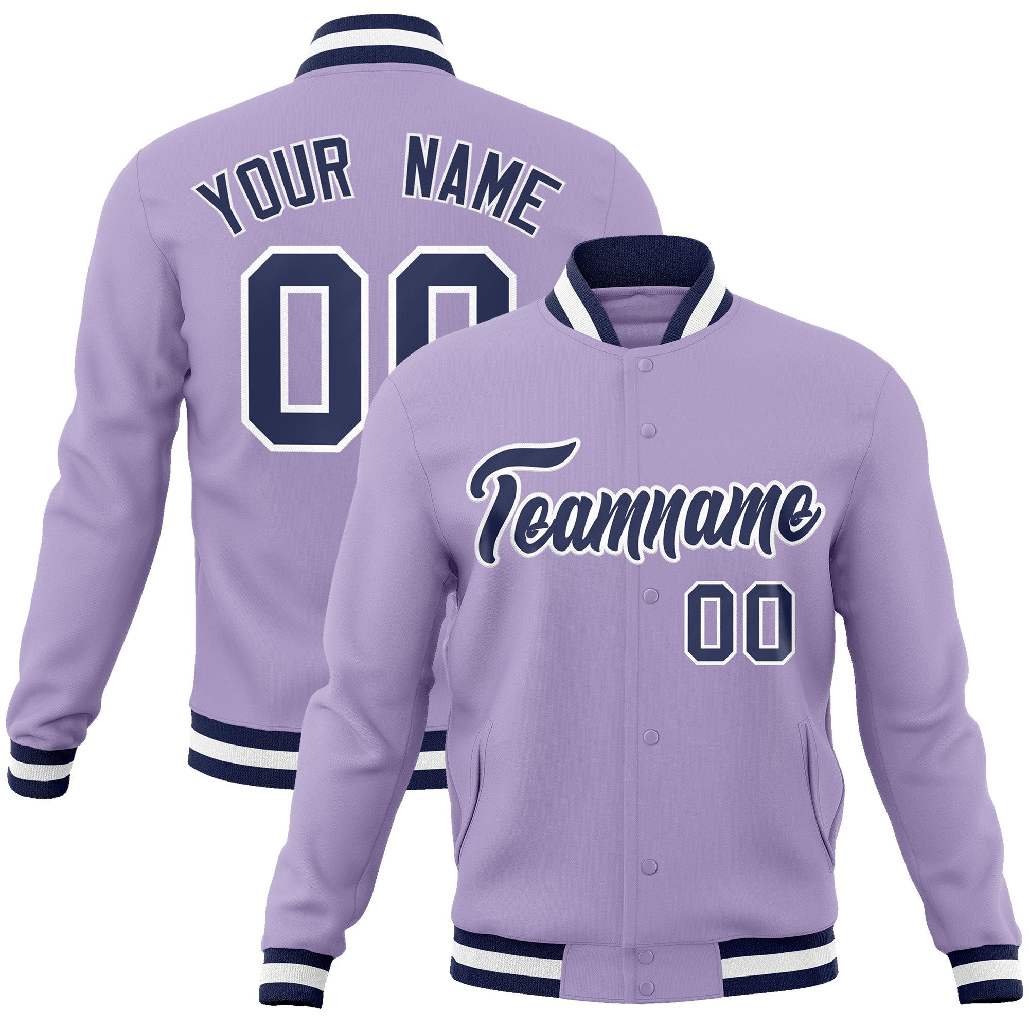 Custom Light Purple Navy-White Classic Style Varsity Full-Snap Letterman Jacket