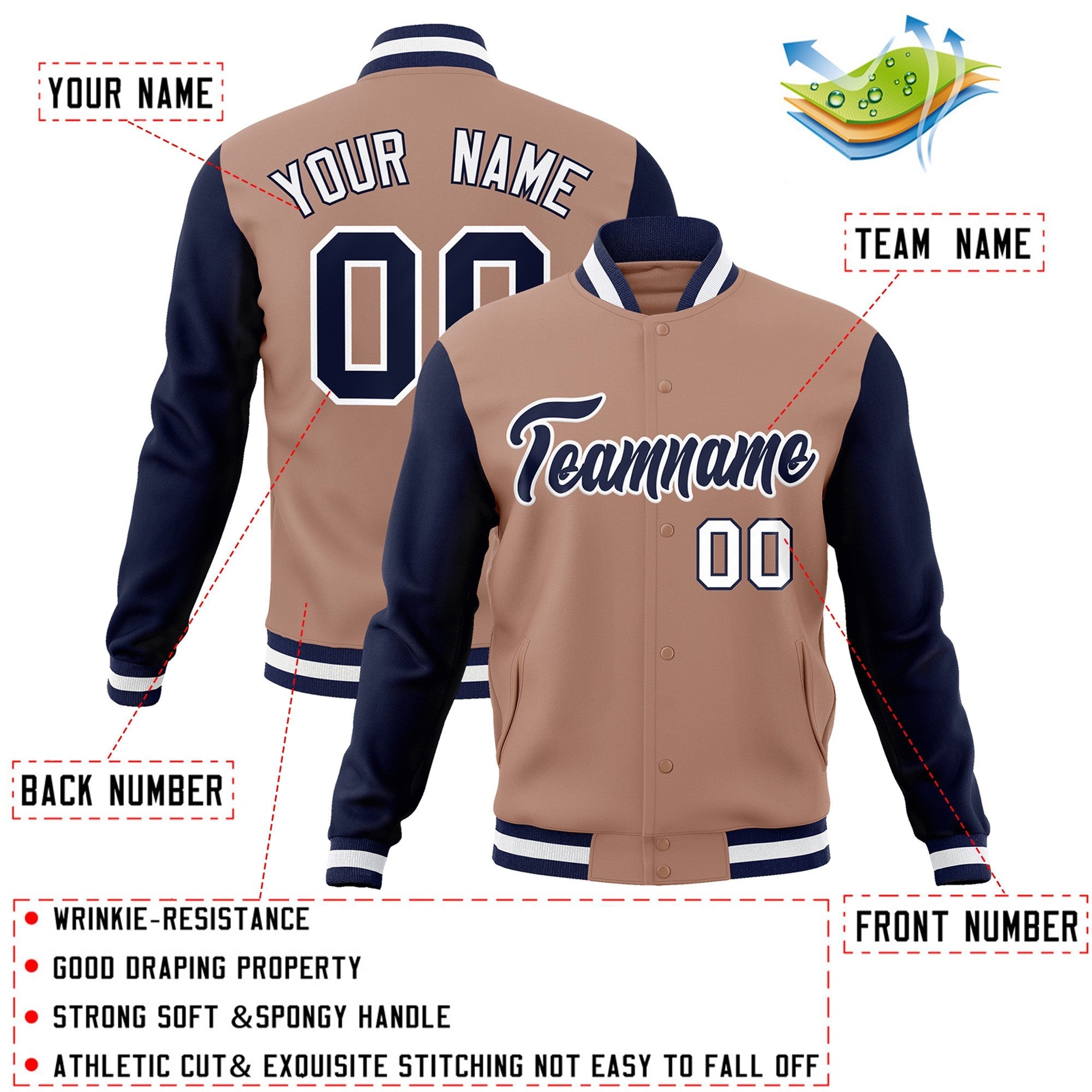 Custom Brown Navy-White Raglan Sleeves Varsity Full-Snap Letterman Jacket