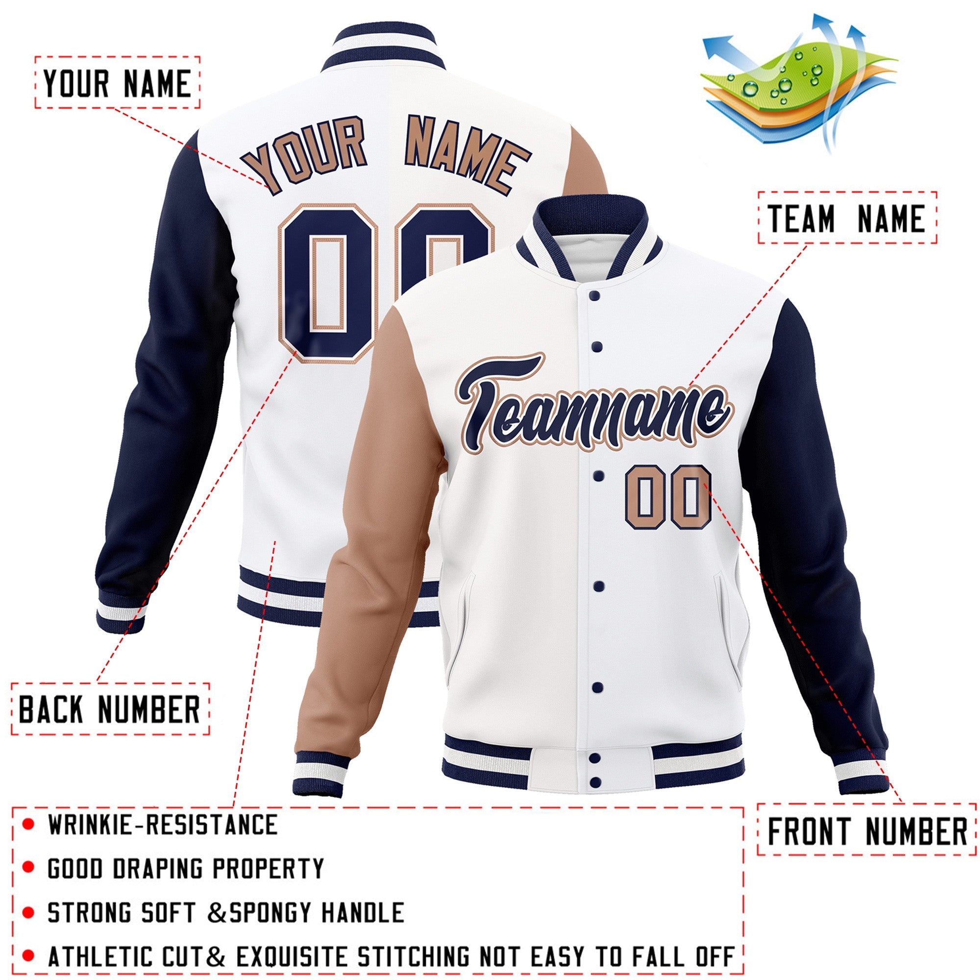 Veste Letterman Varsity Full-Snap à manches raglan blanches et blanches personnalisées