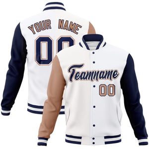 Custom White Navy-White Raglan Sleeves Varsity Full-Snap Letterman Jacket