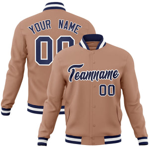 Custom Brown Navy-White Classic Style Varsity Full-Snap Letterman Jacket