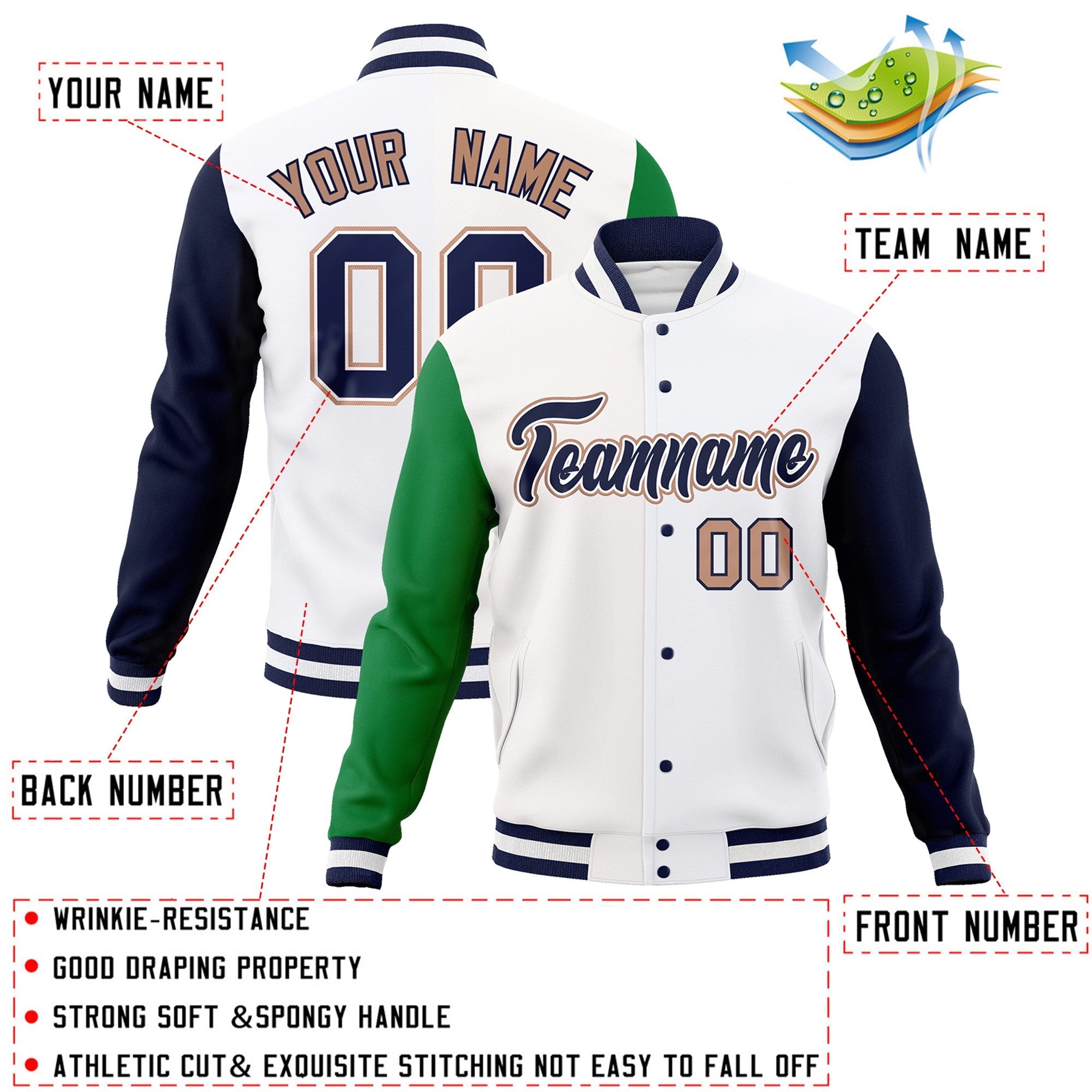 Custom White Navy-White Raglan Sleeves Varsity Full-Snap Letterman Jacket