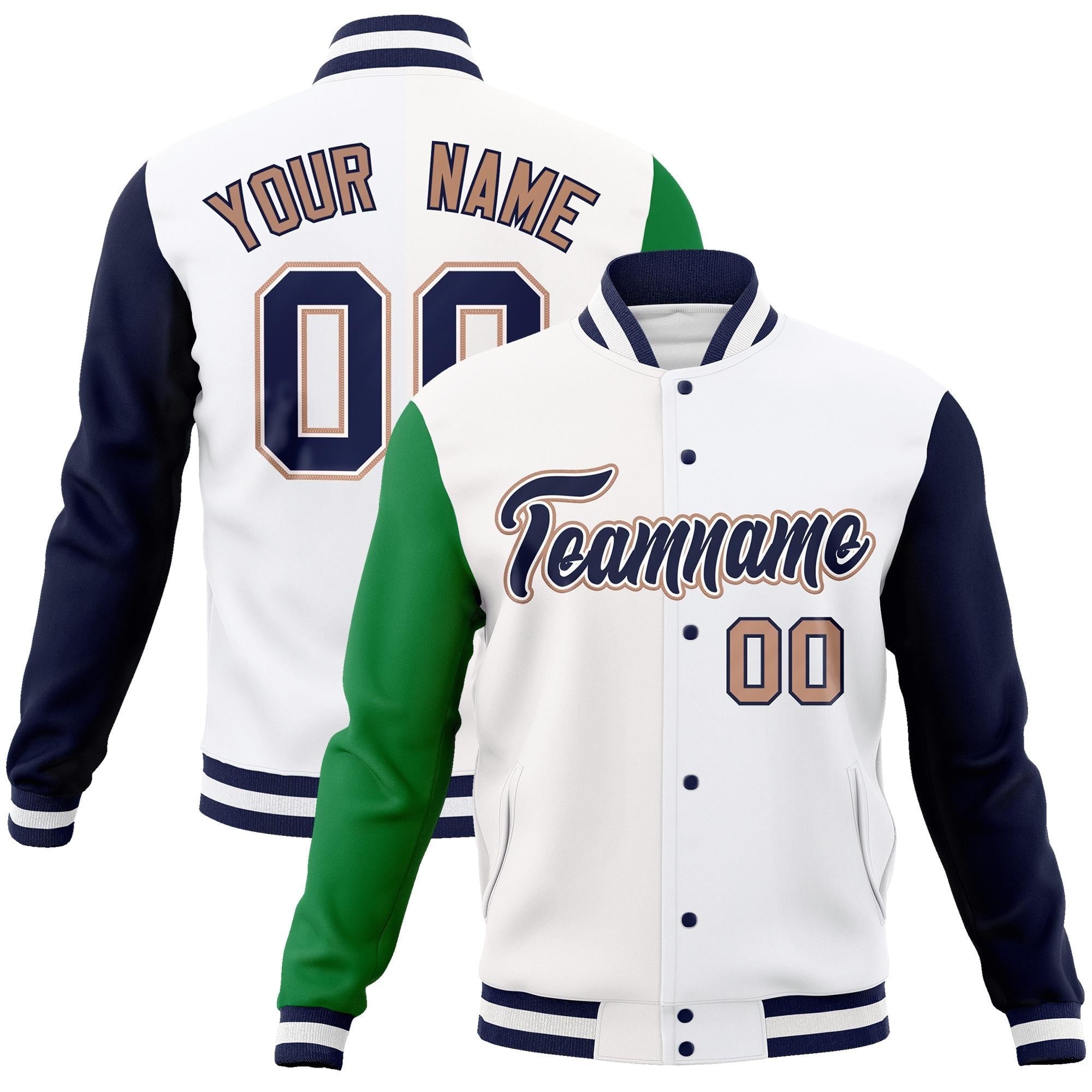 Custom White Navy-White Raglan Sleeves Varsity Full-Snap Letterman Jacket