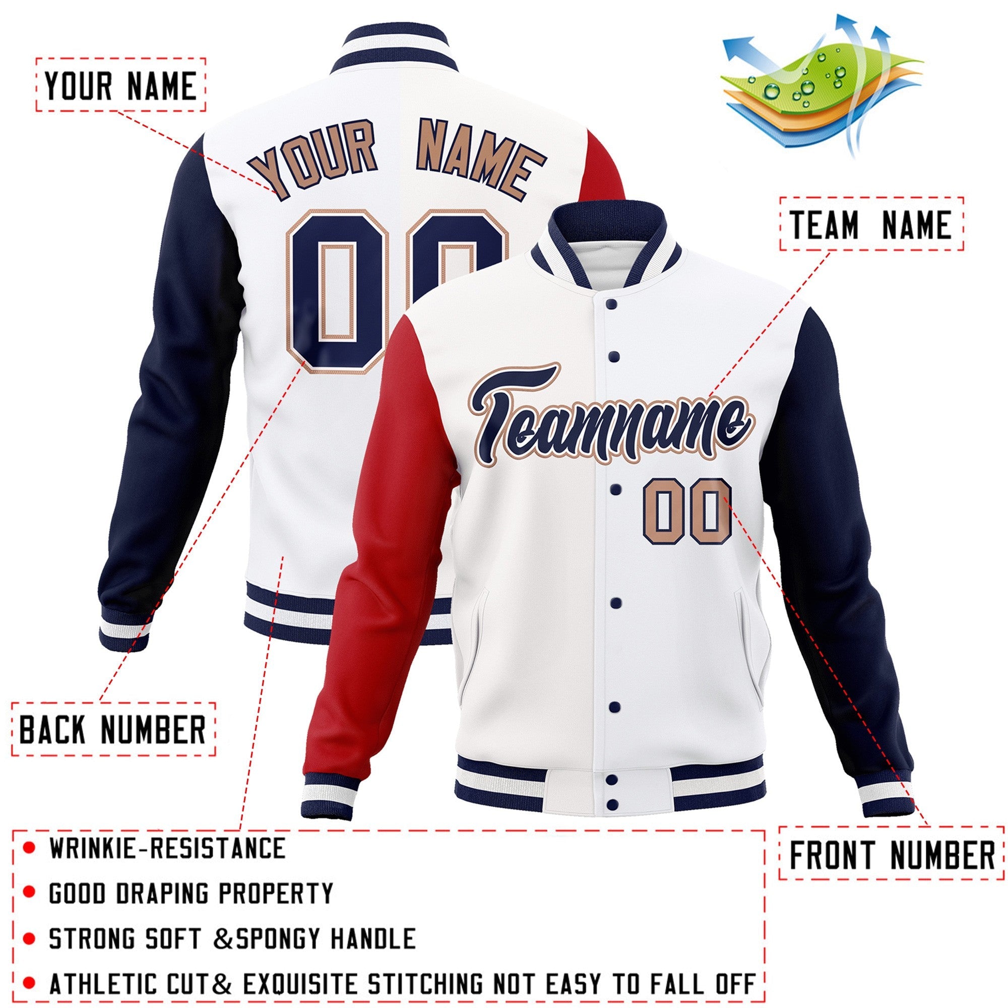 Custom White Navy-White Raglan Sleeves Varsity Full-Snap Letterman Jacket