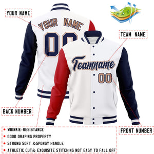 Veste Letterman Varsity Full-Snap à manches raglan blanches et blanches personnalisées