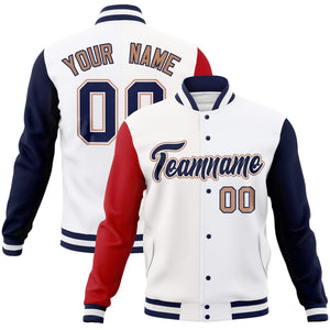 Custom White Navy-White Raglan Sleeves Varsity Full-Snap Letterman Jacket