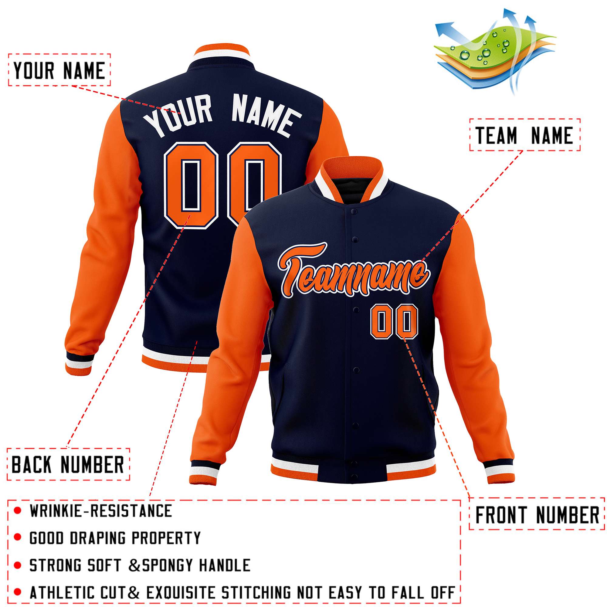 Custom Navy Orange-White Varsity Full-Snap Raglan Sleeves Letterman Baseball Jacket