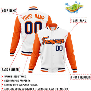 Custom White Orange-Navy Varsity Full-Snap Raglan Sleeves Letterman Baseball Jacket