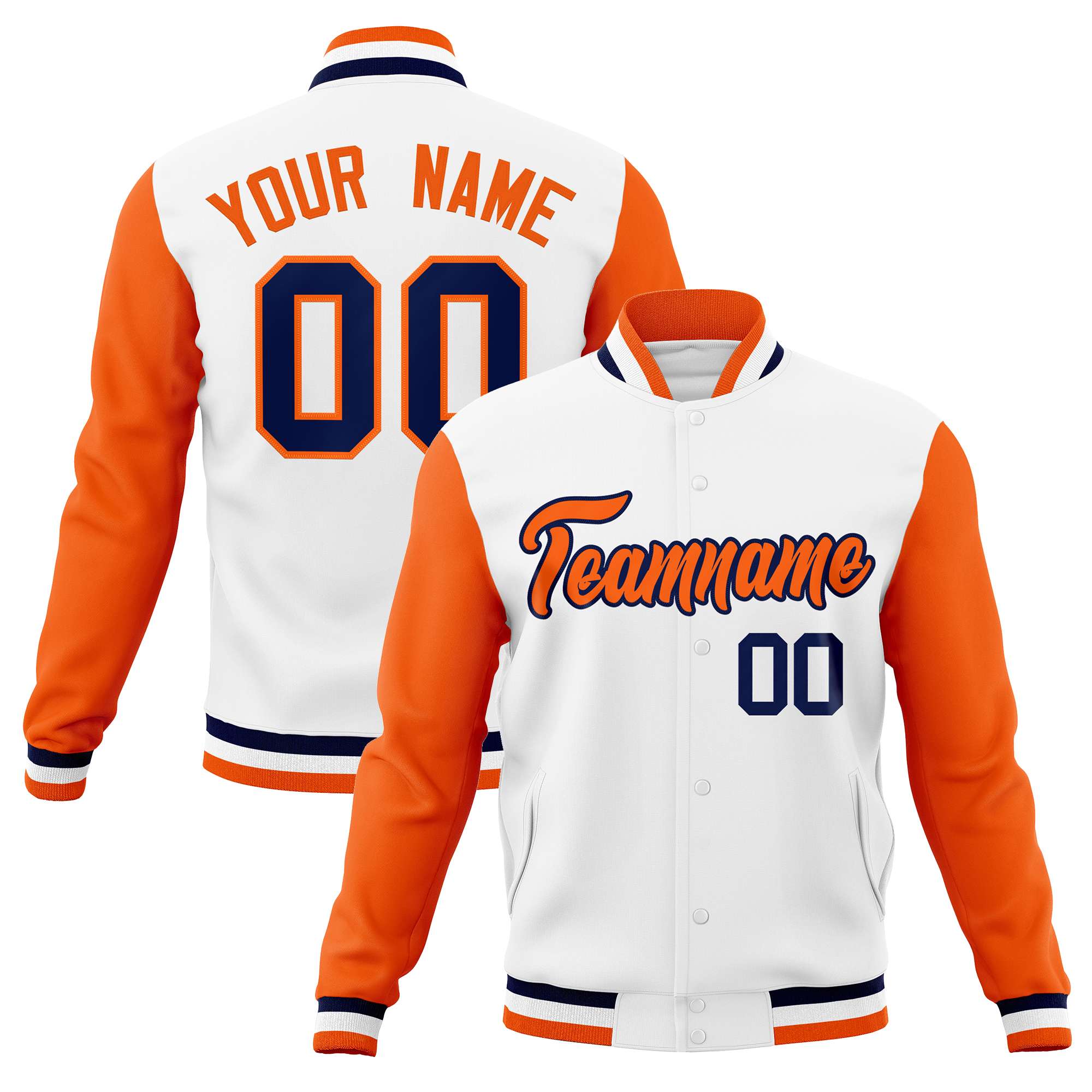 Custom White Orange-Navy Varsity Full-Snap Raglan Sleeves Letterman Baseball Jacket