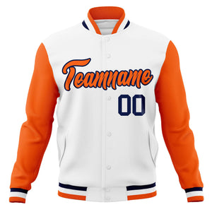 Custom White Orange-Navy Varsity Full-Snap Raglan Sleeves Letterman Baseball Jacket