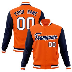 Custom Orange Navy-White Varsity Full-Snap Raglan Sleeves Letterman Baseball Jacket