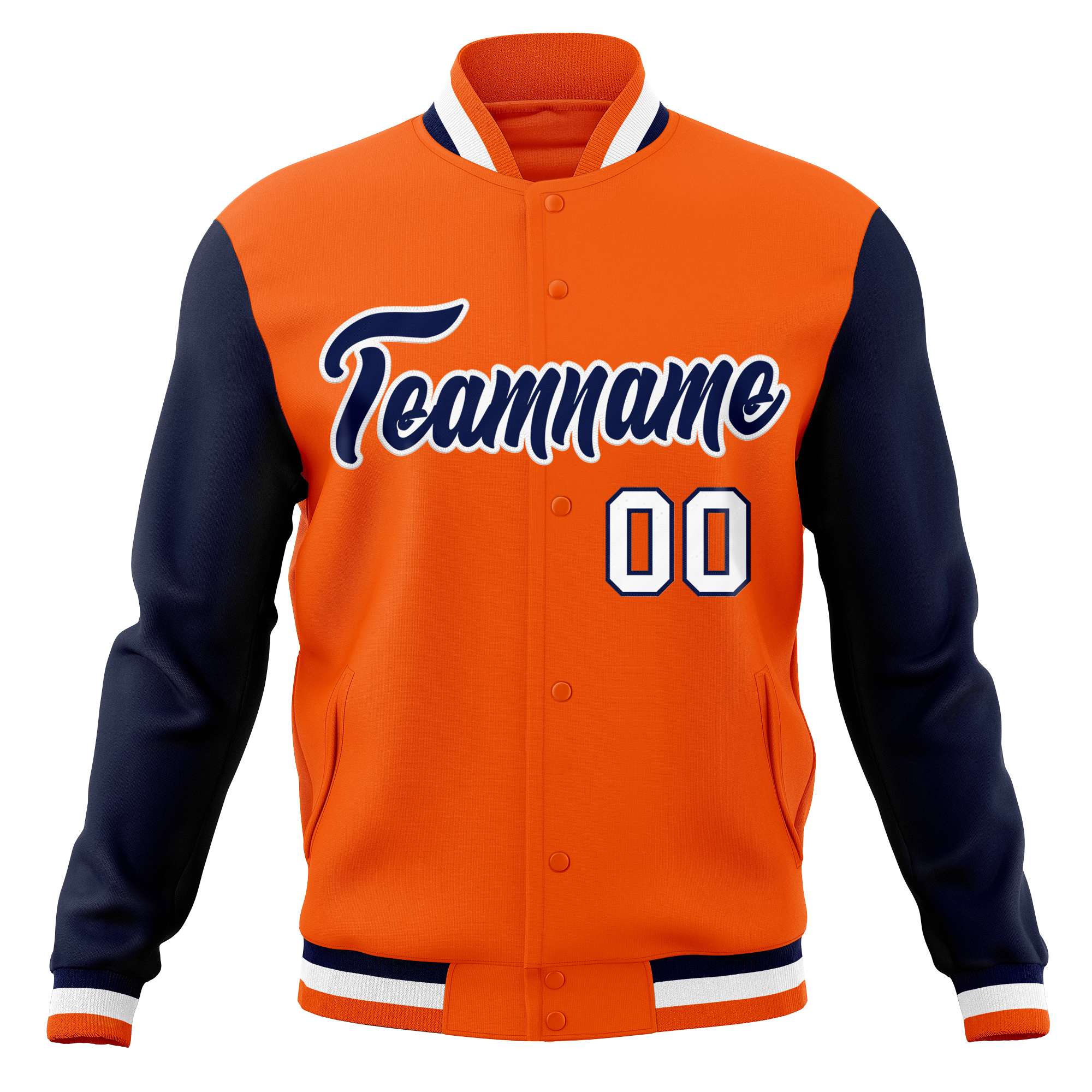 Custom Orange Navy-White Varsity Full-Snap Raglan Sleeves Letterman Baseball Jacket