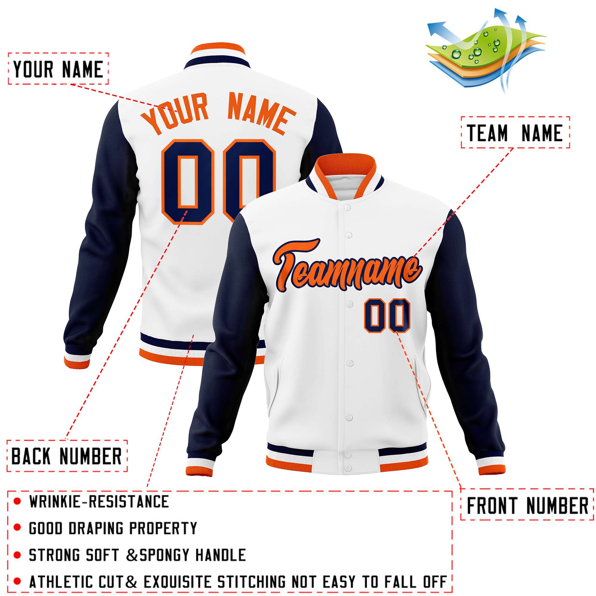 Custom White Orange-Navy Varsity Full-Snap Raglan Sleeves Letterman Baseball Jacket