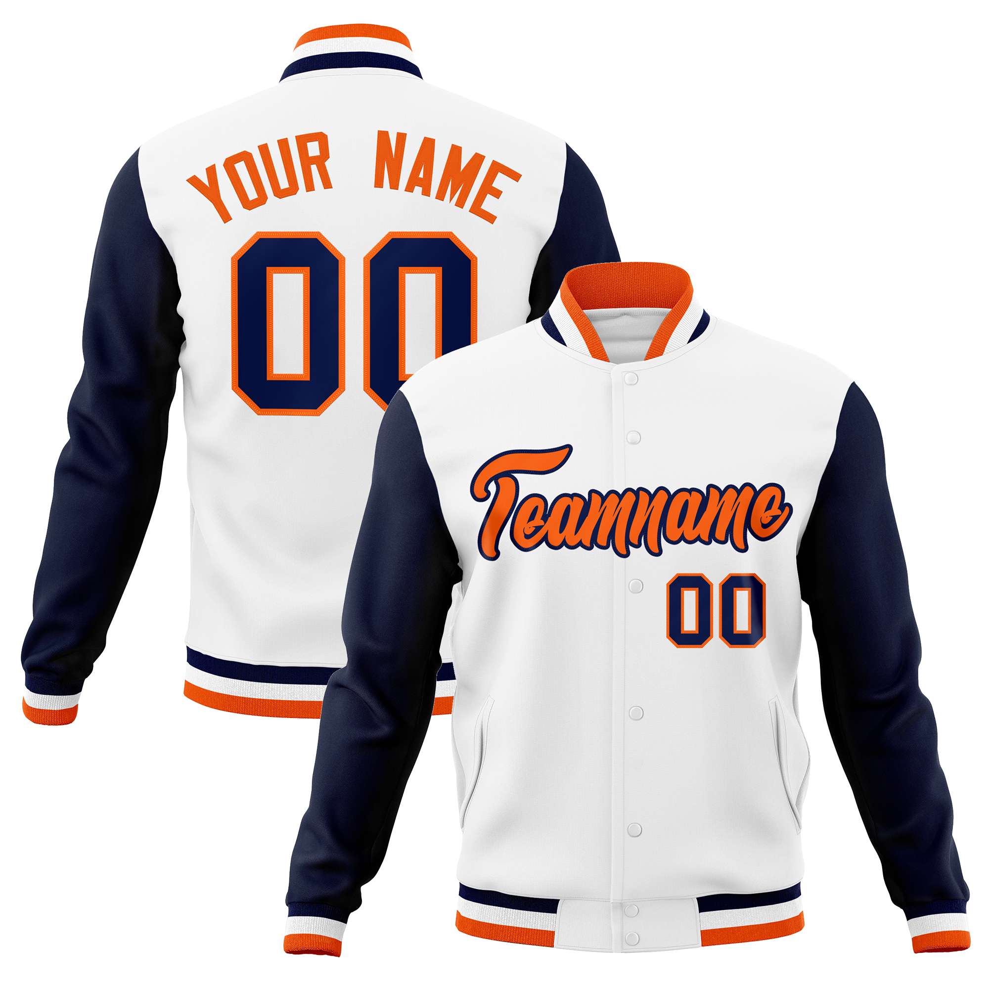 Custom White Orange-Navy Varsity Full-Snap Raglan Sleeves Letterman Baseball Jacket