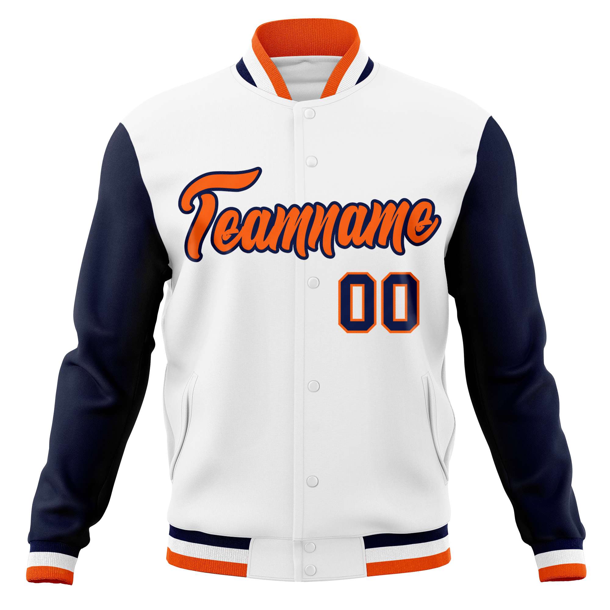 Custom White Orange-Navy Varsity Full-Snap Raglan Sleeves Letterman Baseball Jacket