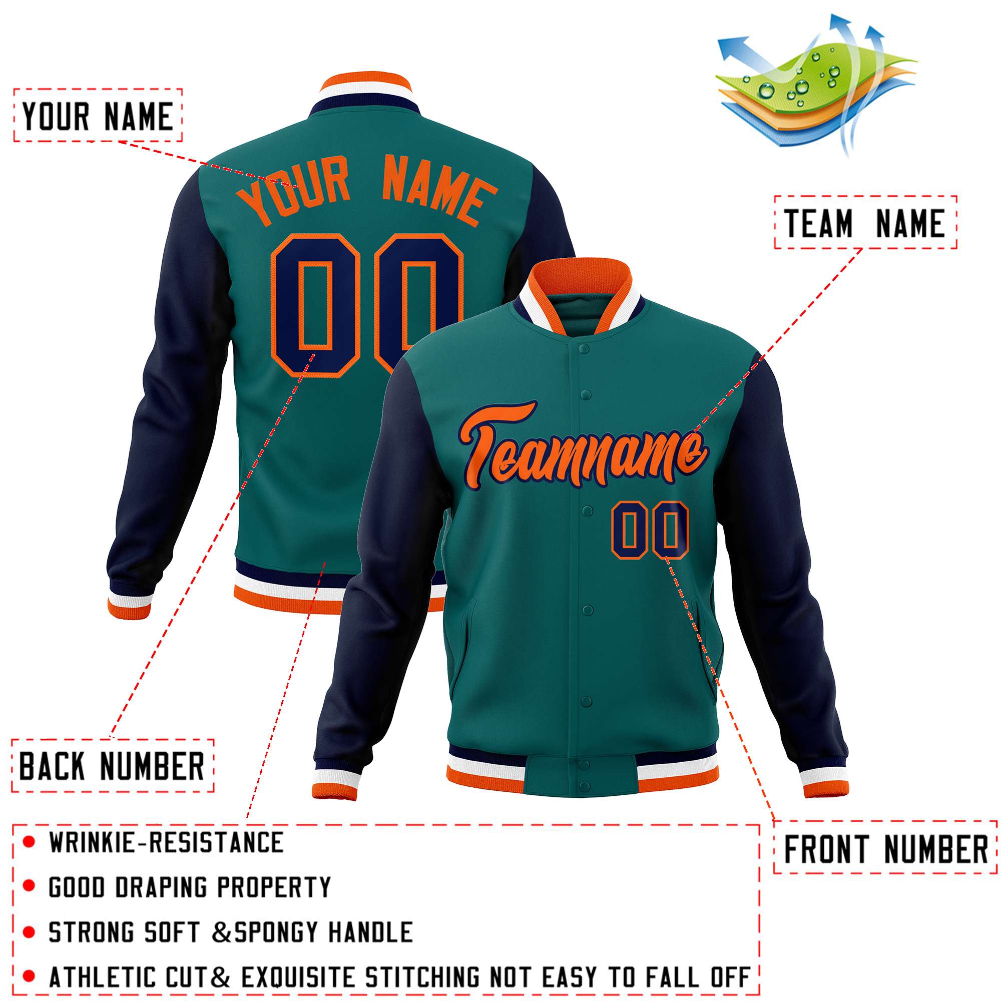 Custom Aqua Orange-Navy Varsity Full-Snap Raglan Sleeves Letterman Baseball Jacket