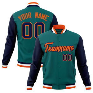 Custom Aqua Orange-Navy Varsity Full-Snap Raglan Sleeves Letterman Baseball Jacket