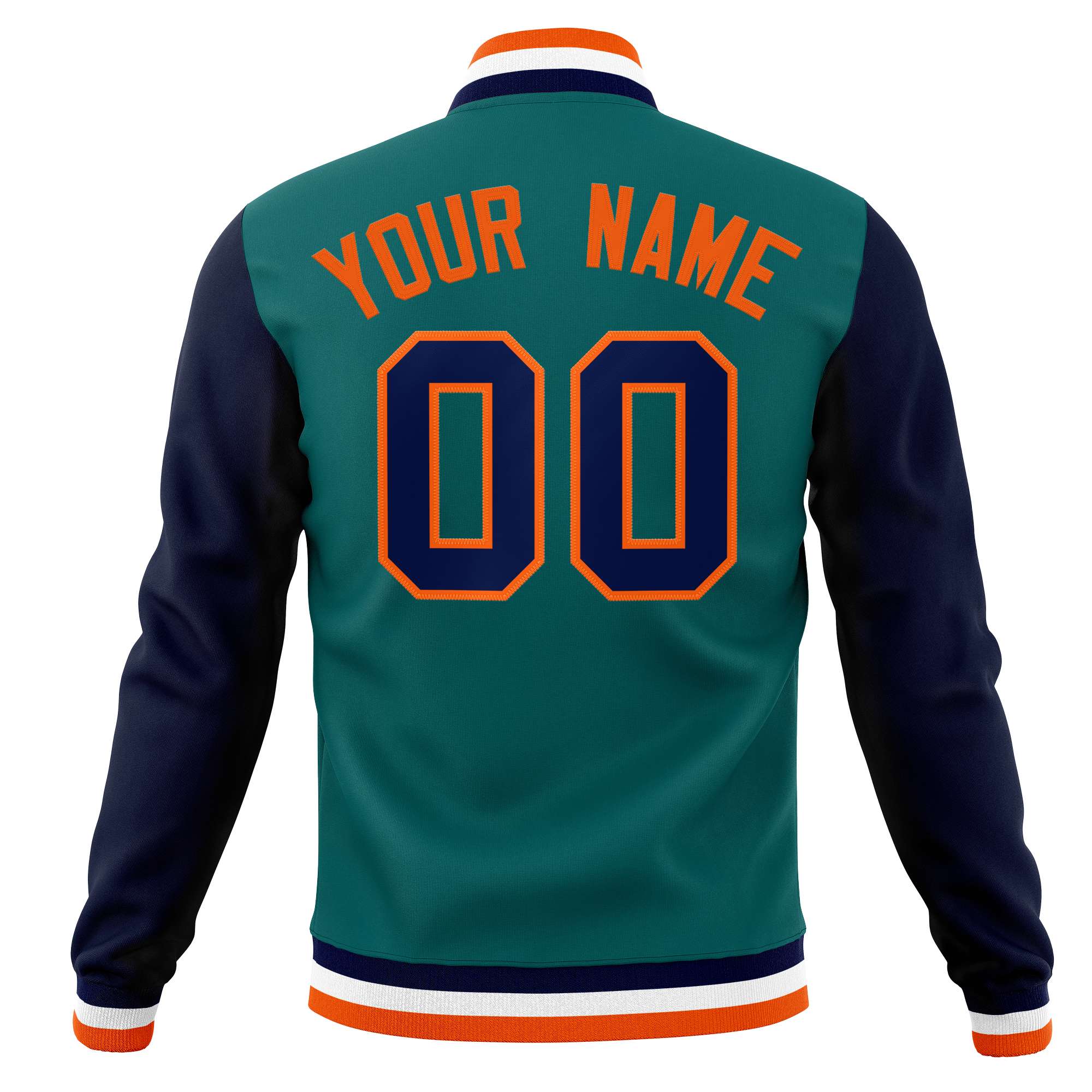 Custom Aqua Orange-Navy Varsity Full-Snap Raglan Sleeves Letterman Baseball Jacket