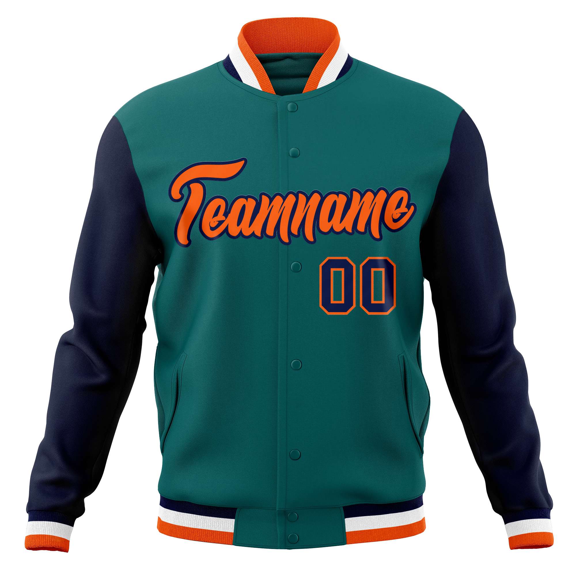 Custom Aqua Orange-Navy Varsity Full-Snap Raglan Sleeves Letterman Baseball Jacket