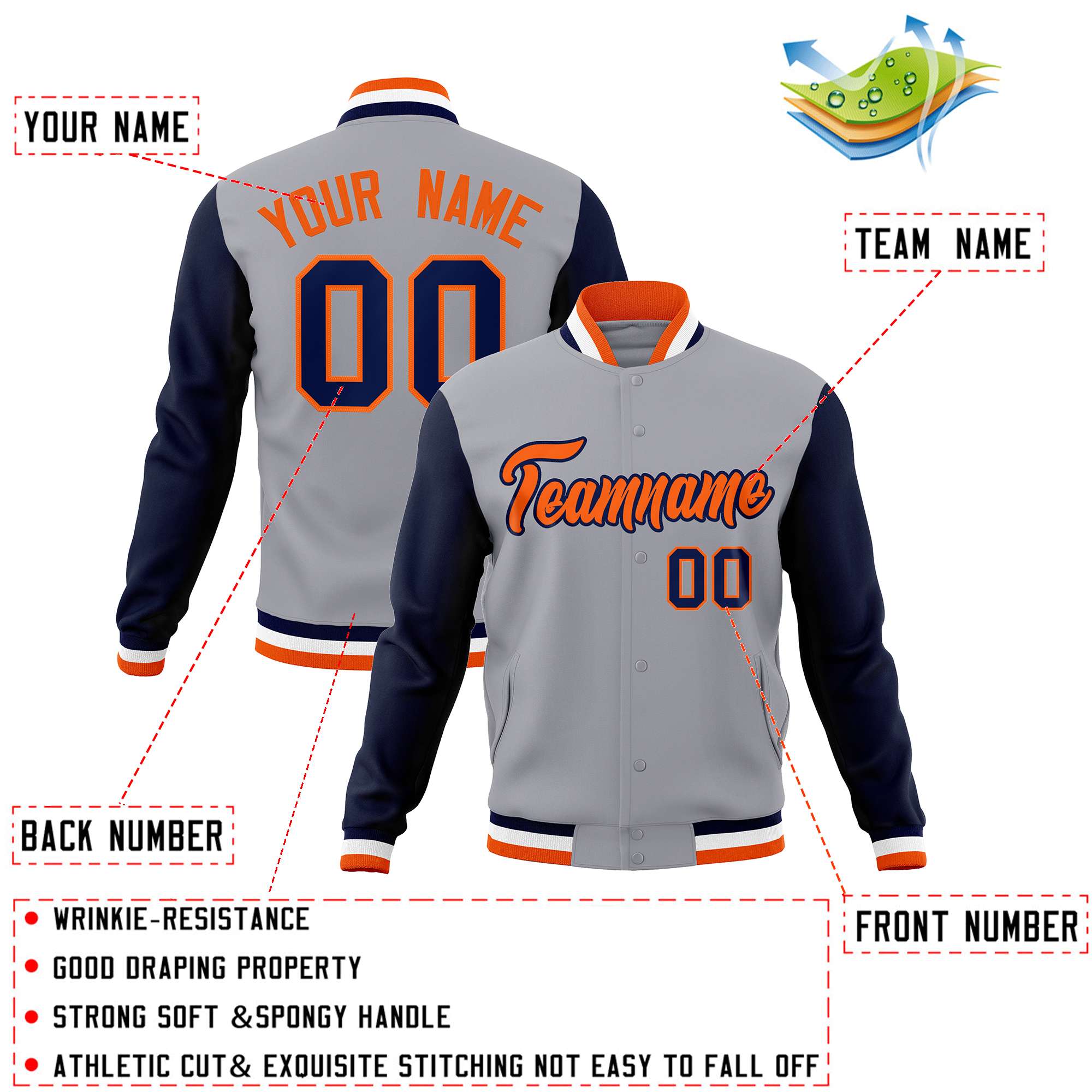 Custom Gray Orange-Navy Varsity Full-Snap Raglan Sleeves Letterman Baseball Jacket