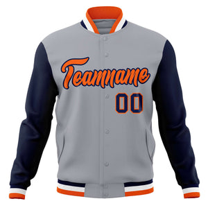 Custom Gray Orange-Navy Varsity Full-Snap Raglan Sleeves Letterman Baseball Jacket