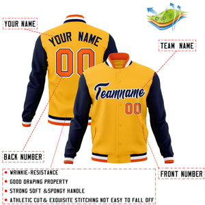 Custom Yellow Navy-White Varsity Full-Snap Raglan Sleeves Letterman Baseball Jacket