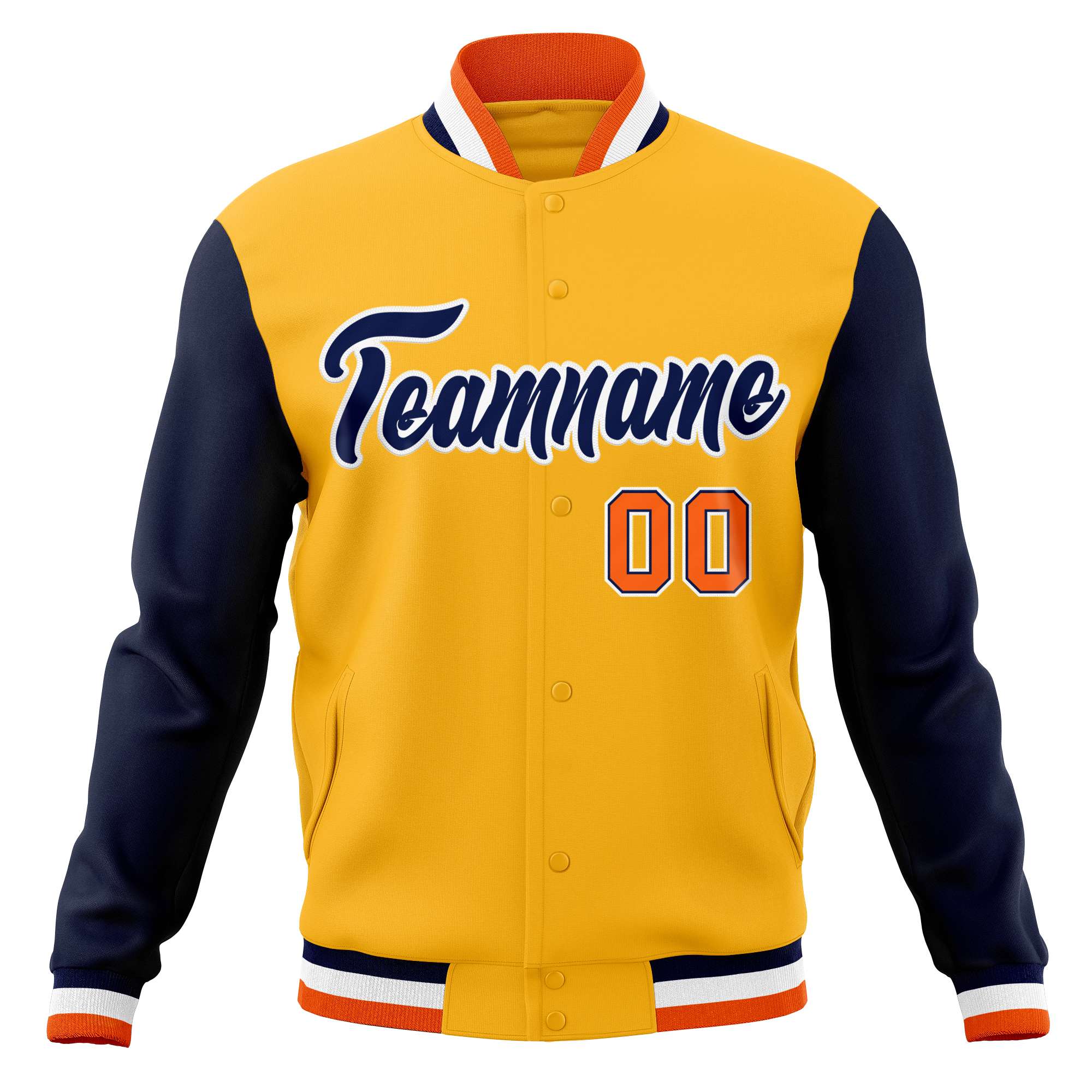 Custom Yellow Navy-White Varsity Full-Snap Raglan Sleeves Letterman Baseball Jacket