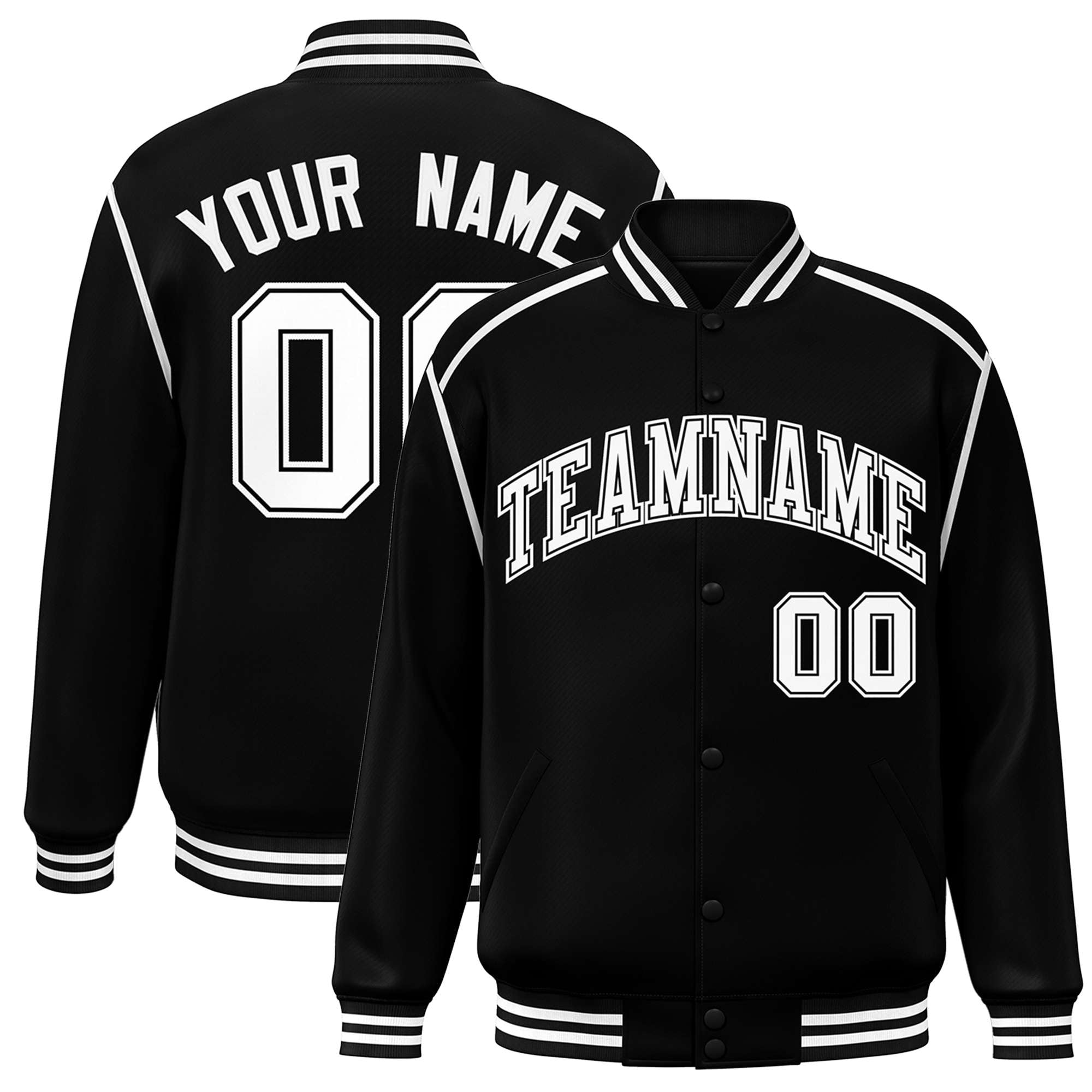 Custom Black White Color Block Ribbon Varsity Full-Snap Bomber Jacket