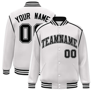 Custom White Black Color Block Ribbon Varsity Full-Snap Bomber Jacket