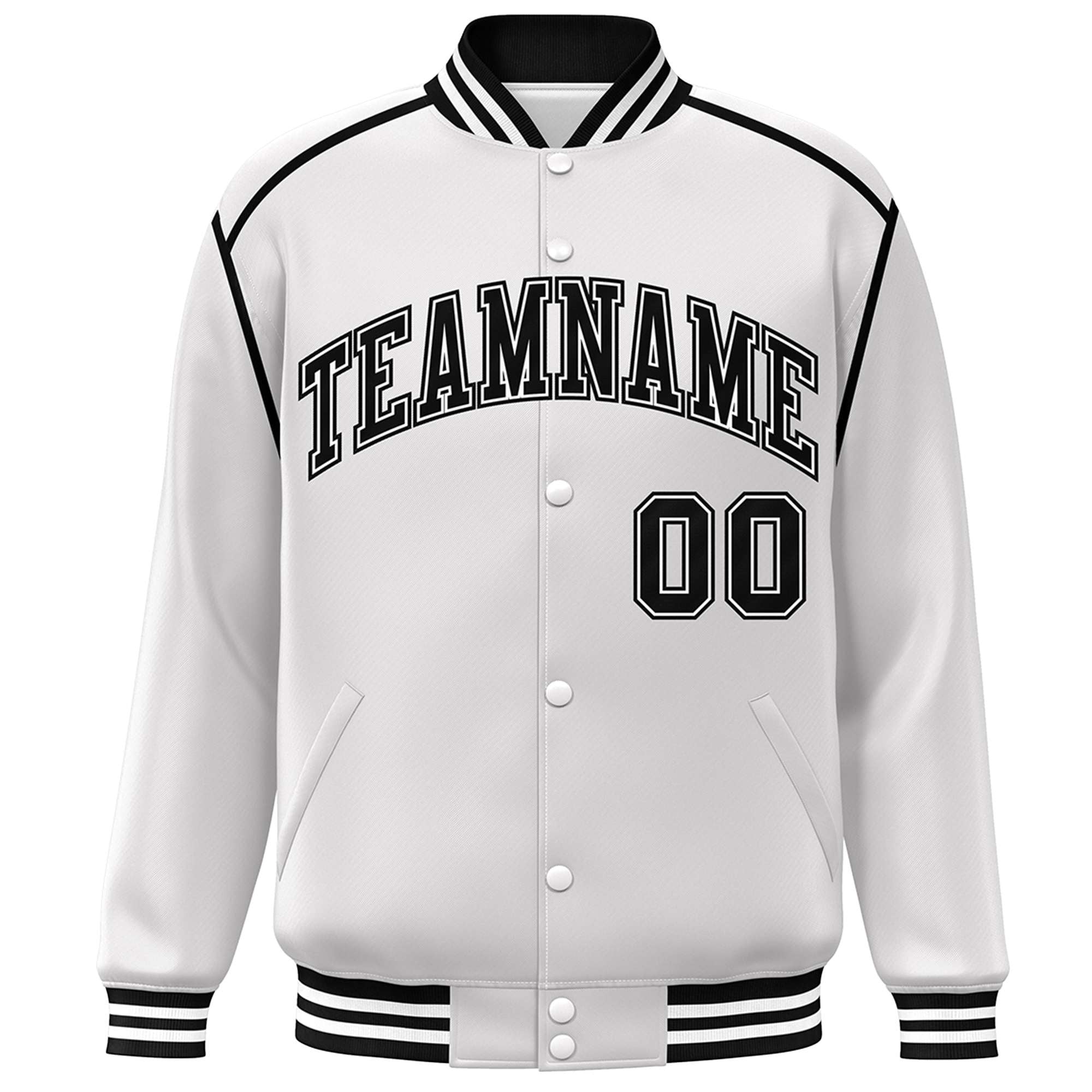 Custom White Black Color Block Ribbon Varsity Full-Snap Bomber Jacket