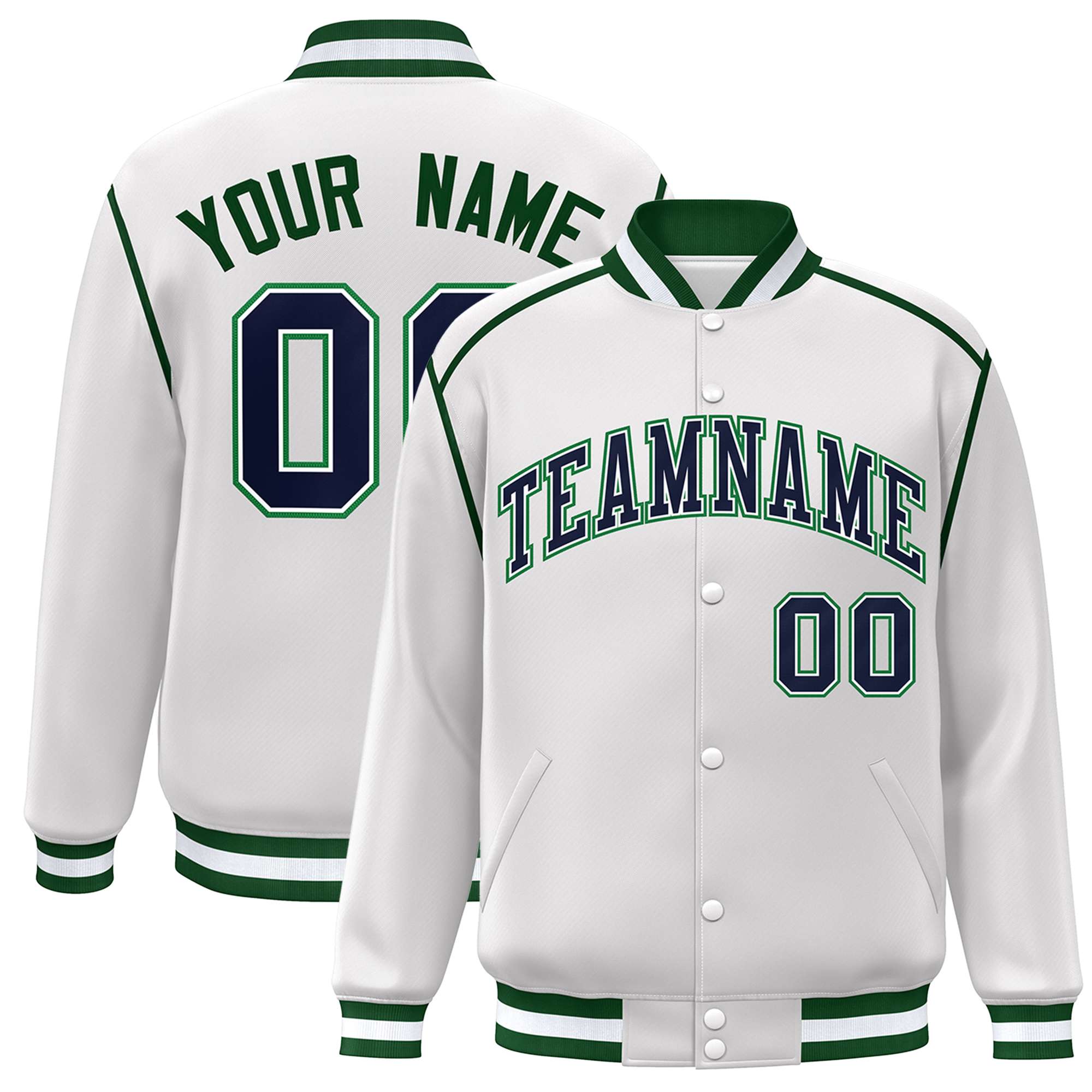 Custom White Navy-Green Color Block Ribbon Varsity Full-Snap Bomber Jacket