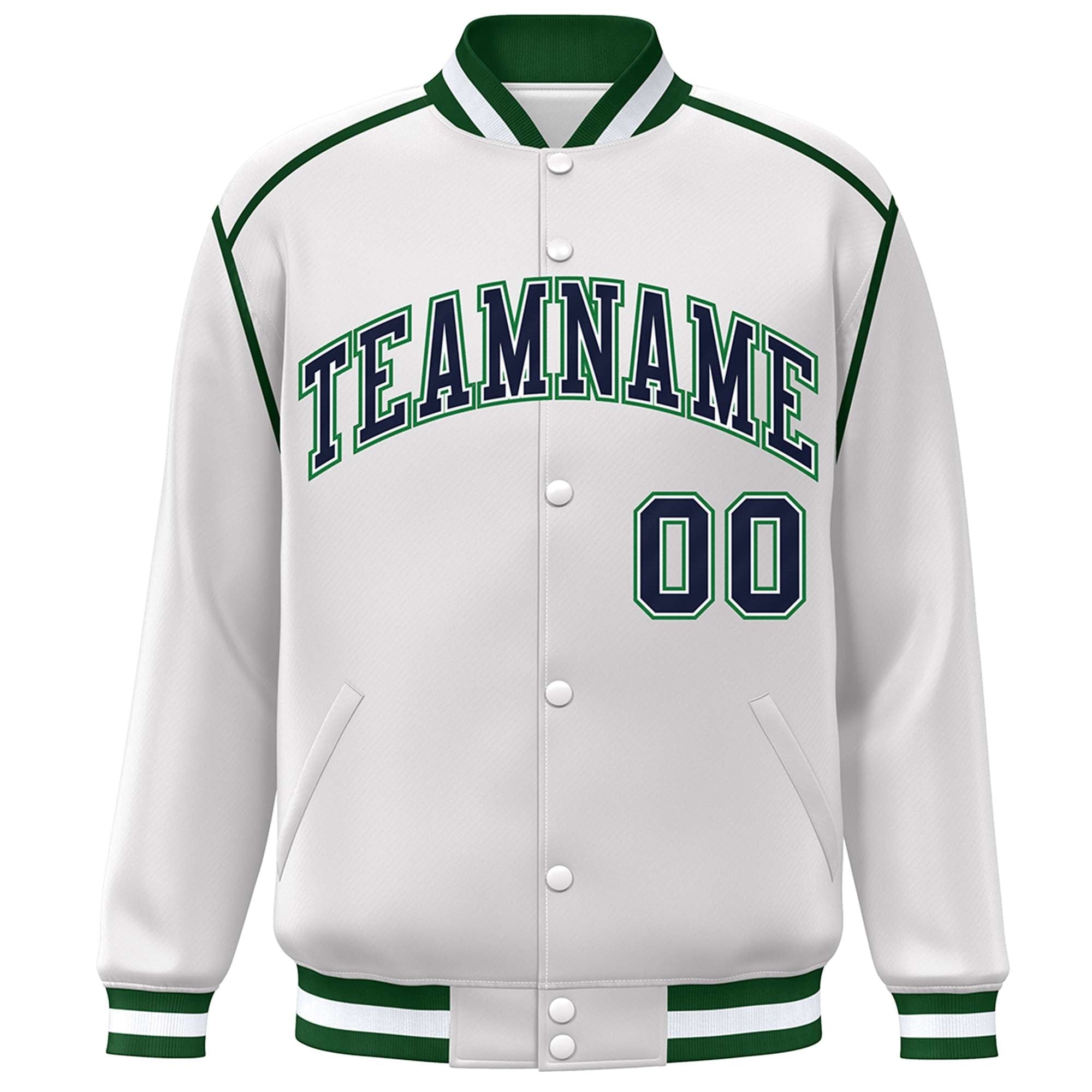 Custom White Navy-Green Color Block Ribbon Varsity Full-Snap Bomber Jacket