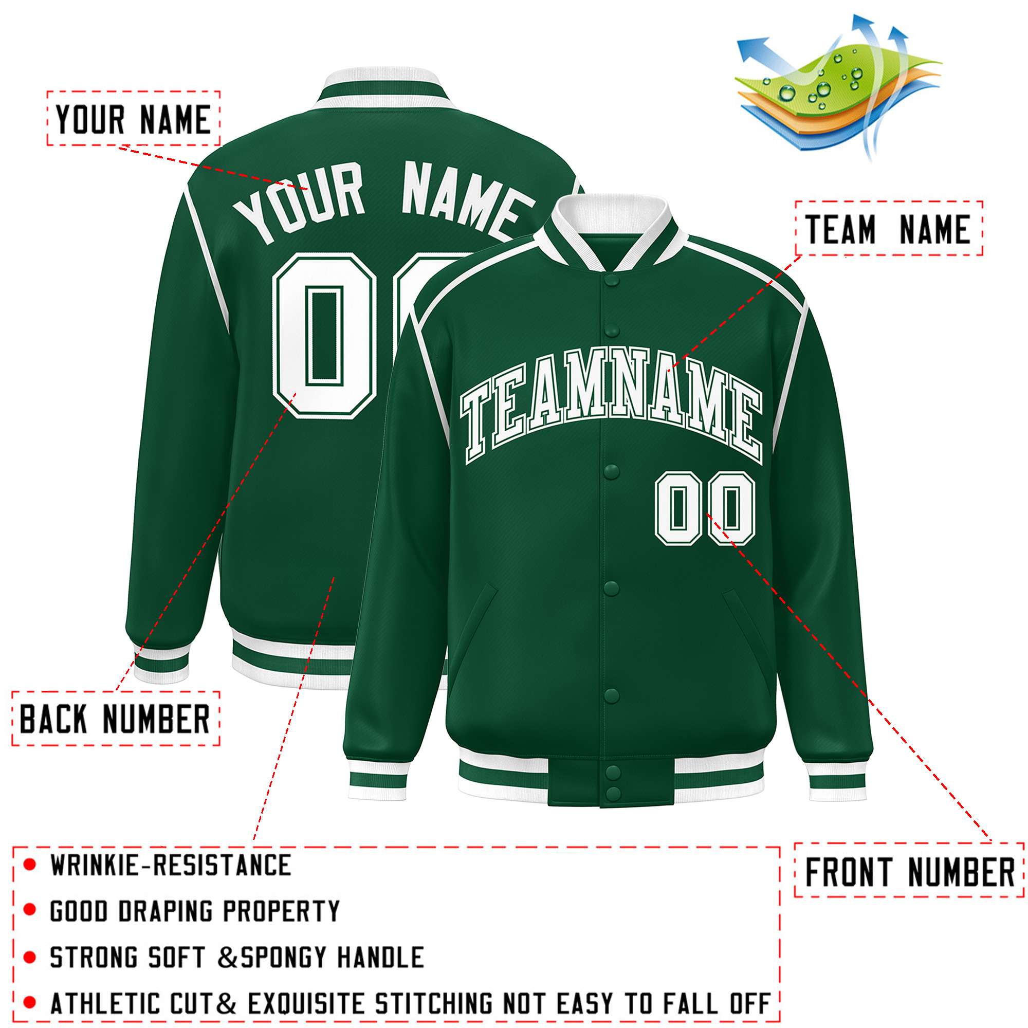 Custom Green White Color Block Ribbon Varsity Full-Snap Bomber Jacket